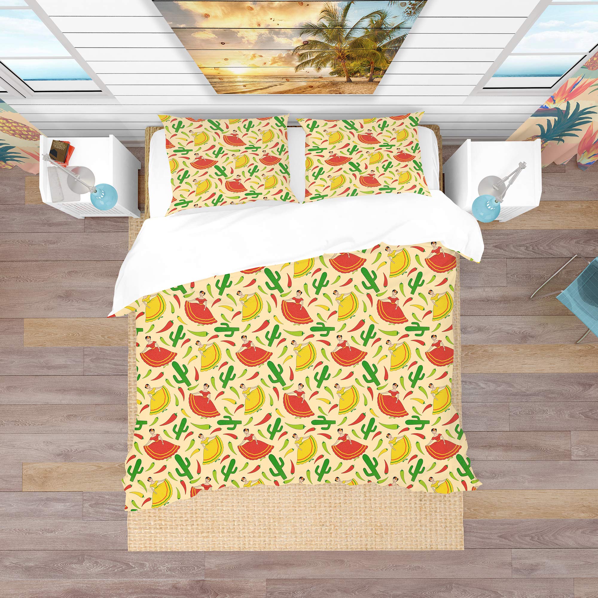 Vibrant Mexican Woman Pattern Tropical Duvet Cover Set - Queen Size Bedding with Pillow Shams - Perfect for Boho Chic Bedroom Decor & Summer Home Styling