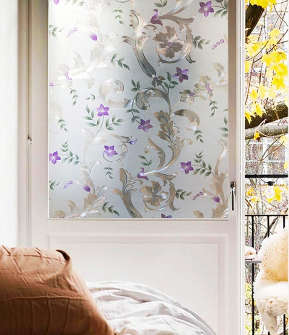 Frosted Iris Flower Static Cling Window Film - Non-Adhesive Privacy Decoration for Doors & Windows - UV Protection & Heat Control - 23.5x118 Inch - Perfect for Bathrooms, Bedrooms, and Office Spaces