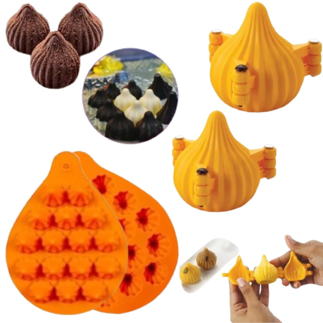 LEGACYCART 16 Cavity Silicone Modak Molds and 3-Piece Modak Maker Set - 3D Cake Molds for Cupcakes, Chocolate Mousse, Dessert, Brownie, Cookie & Pudding - Perfect for Indian Sweets, Diwali Treats & Home Baking