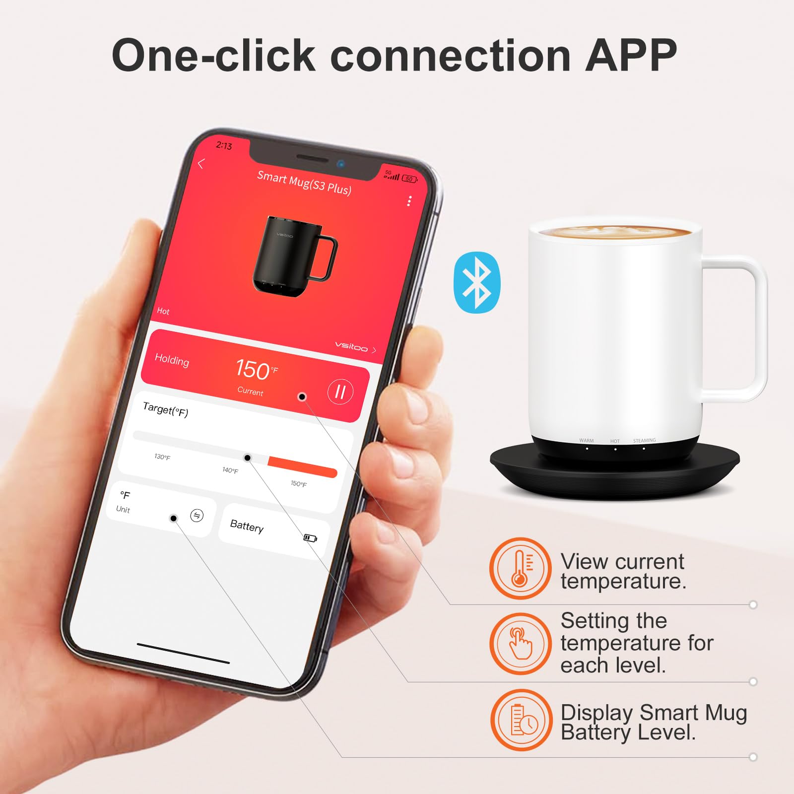 VSITOO Smart Temperature Control Heated Coffee Mug - 14oz Rechargeable Travel Mug with APP Control, LED Display & Auto Warm Feature - Perfect for Office, Home & Outdoor Use (White)