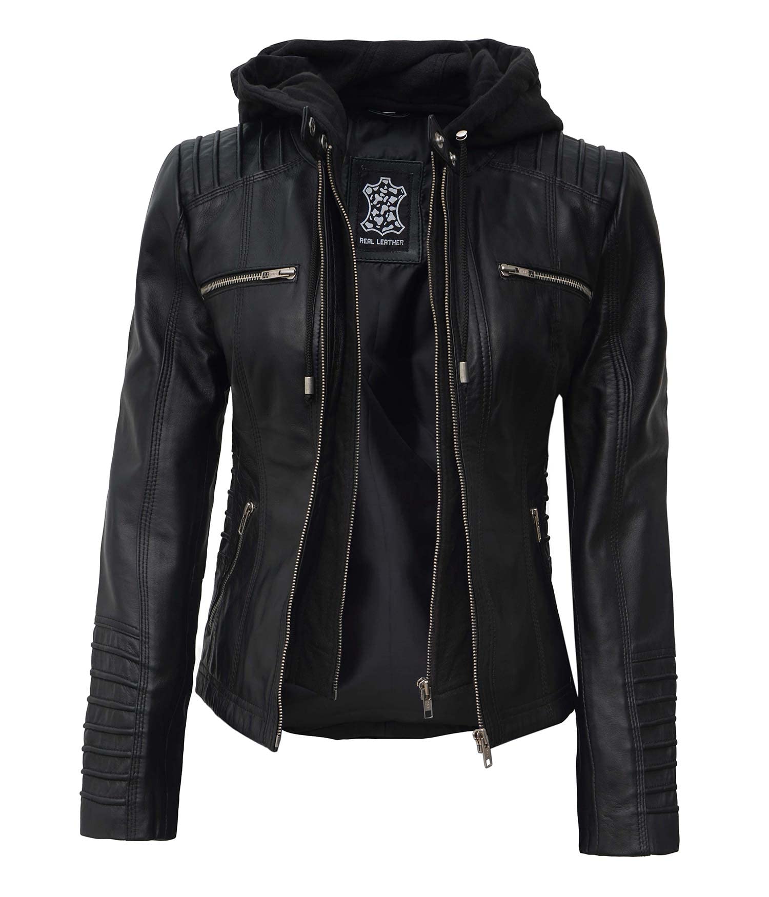 Genuine Lambskin Bomber Jacket for Women - Real Leather Jacket with Removable Hood | Stylish Outerwear for Casual Wear, Night Out & Fall Fashion