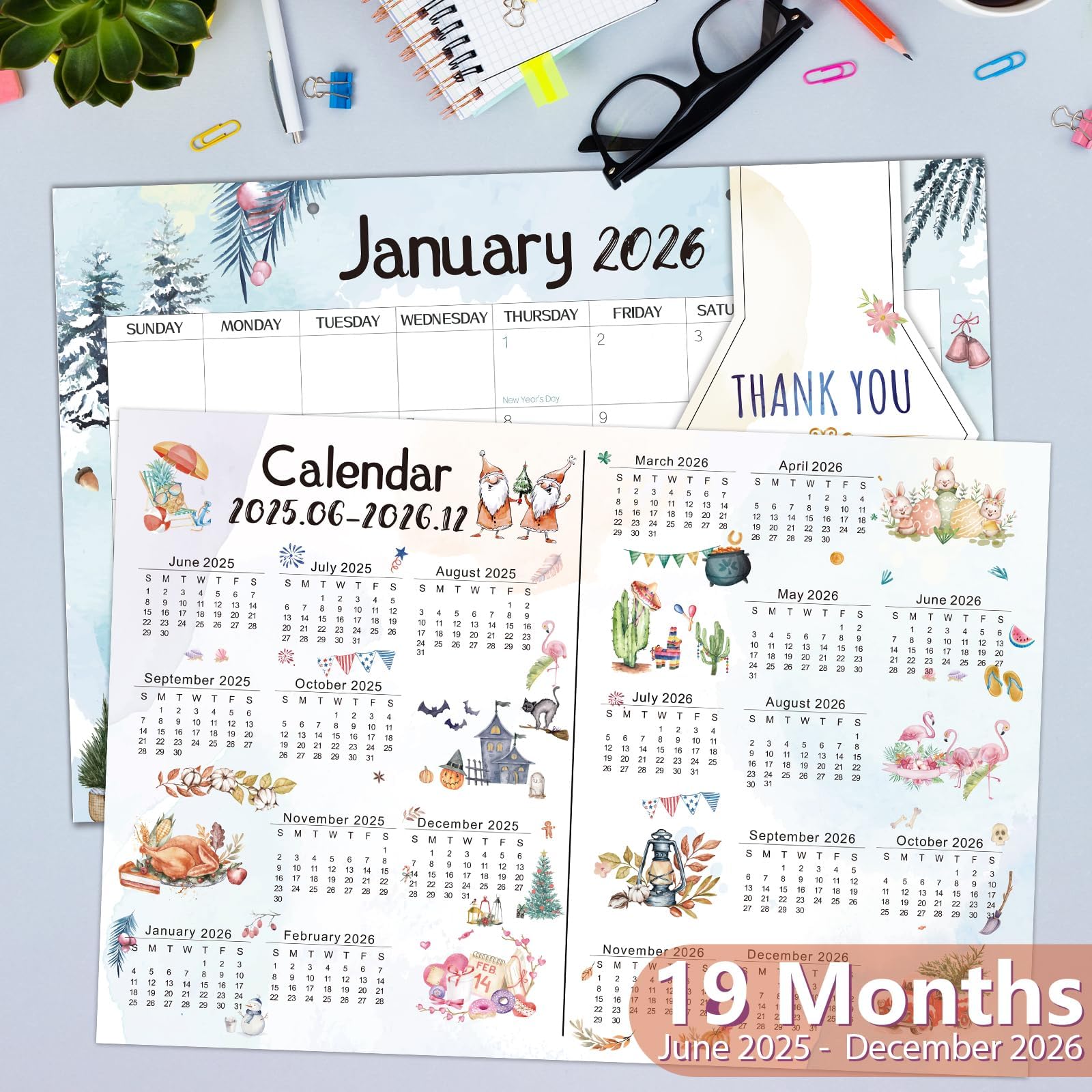 Guasslee 2025-2026 Monthly Desk Calendar | 19-Month Planner (June 2025 - December 2026) | 17