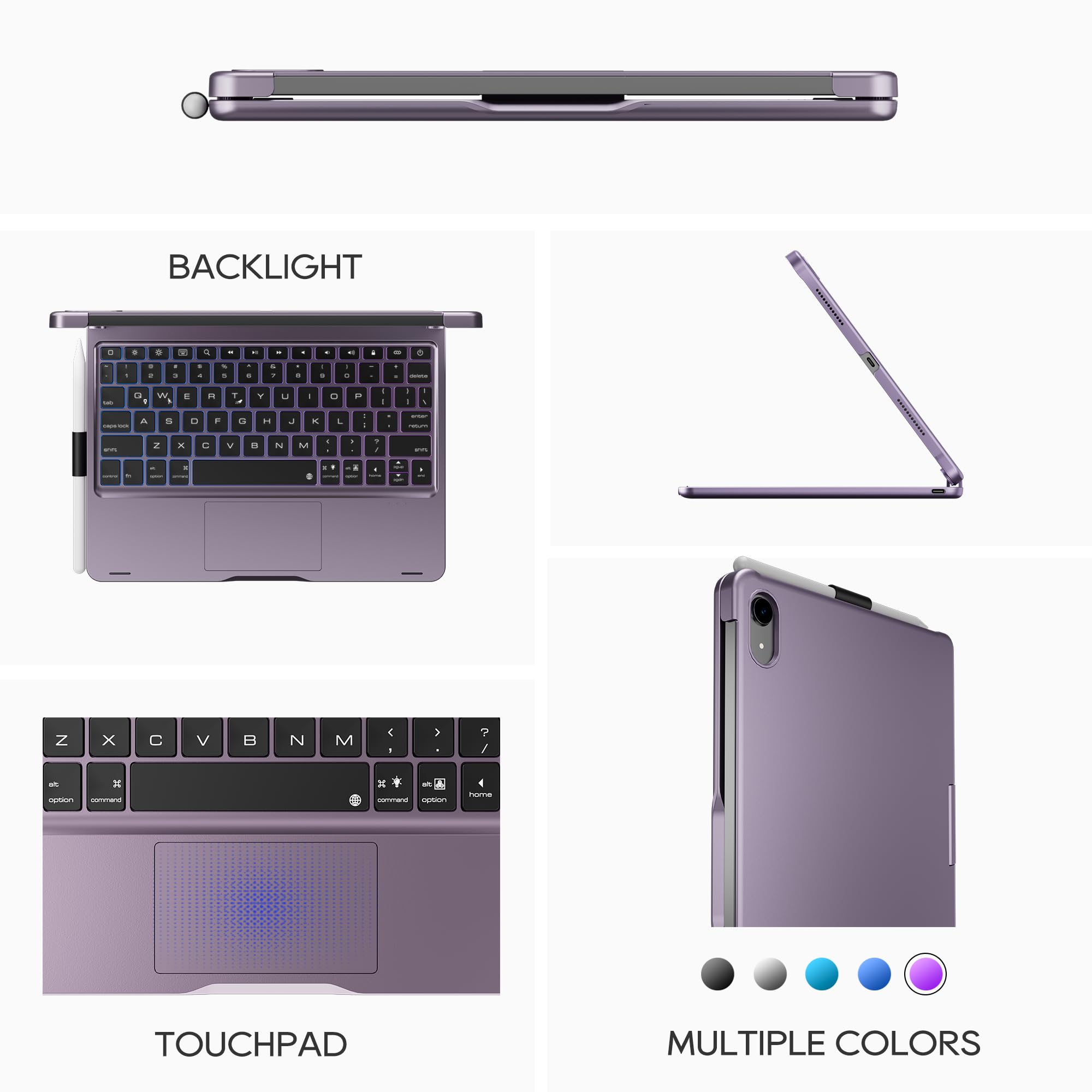 360° Rotating Keyboard Case for iPad 11th Gen 2025 (A16) & iPad 10th Gen (10.9-inch) - Backlit RGB Keyboard, Multi-Touch Trackpad, Pencil Holder & Protective Cover in Metallic Purple | Perfect for Work, Study & Creative Projects