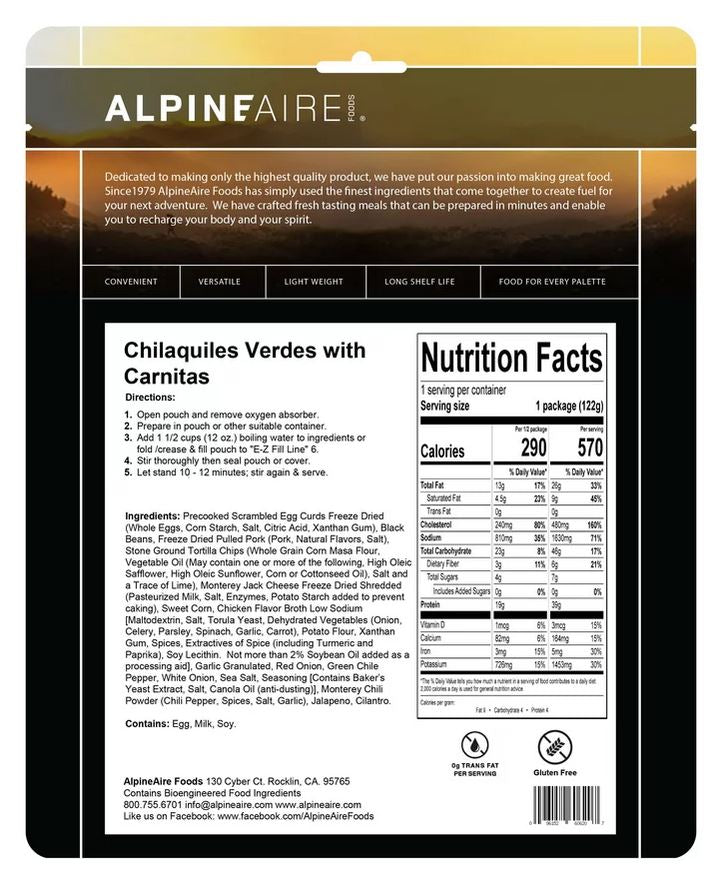 AlpineAire Chilaquiles Verdes with Carnitas - Freeze Dried Mexican Meal for Camping, Hiking & Emergency Food Storage