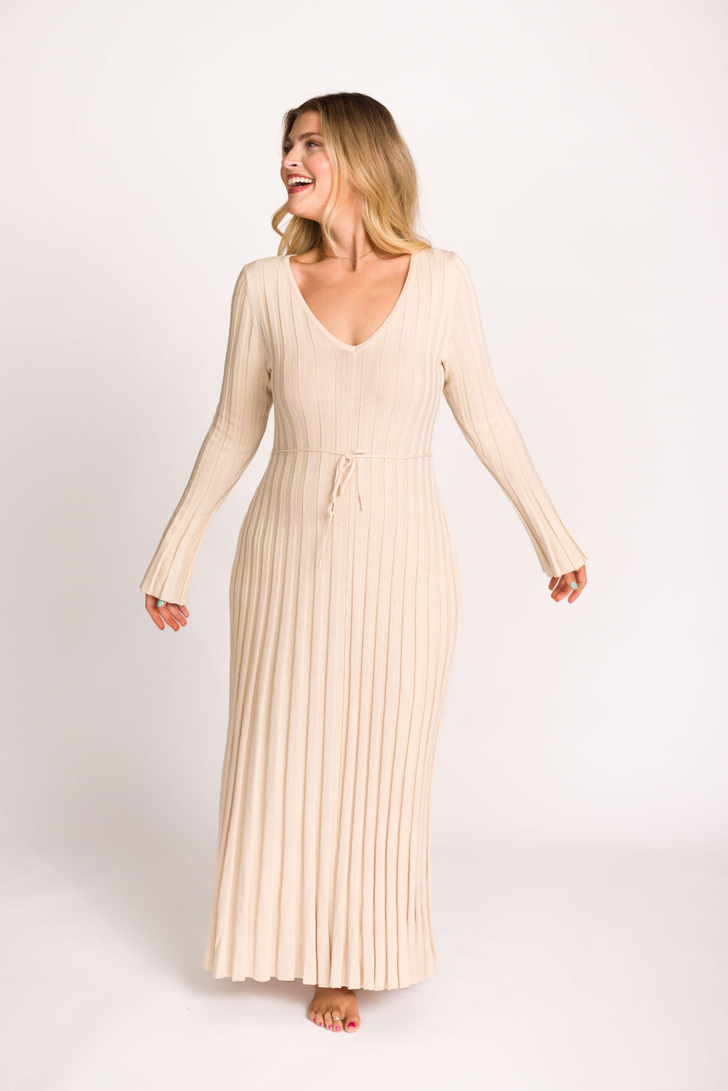 Hadley Long Sleeve V Neck Knit Maxi Dress in Cream Taupe - Elegant Women's Casual Maxi Dress for Fall & Winter, Perfect for Office, Date Night and Holiday Parties