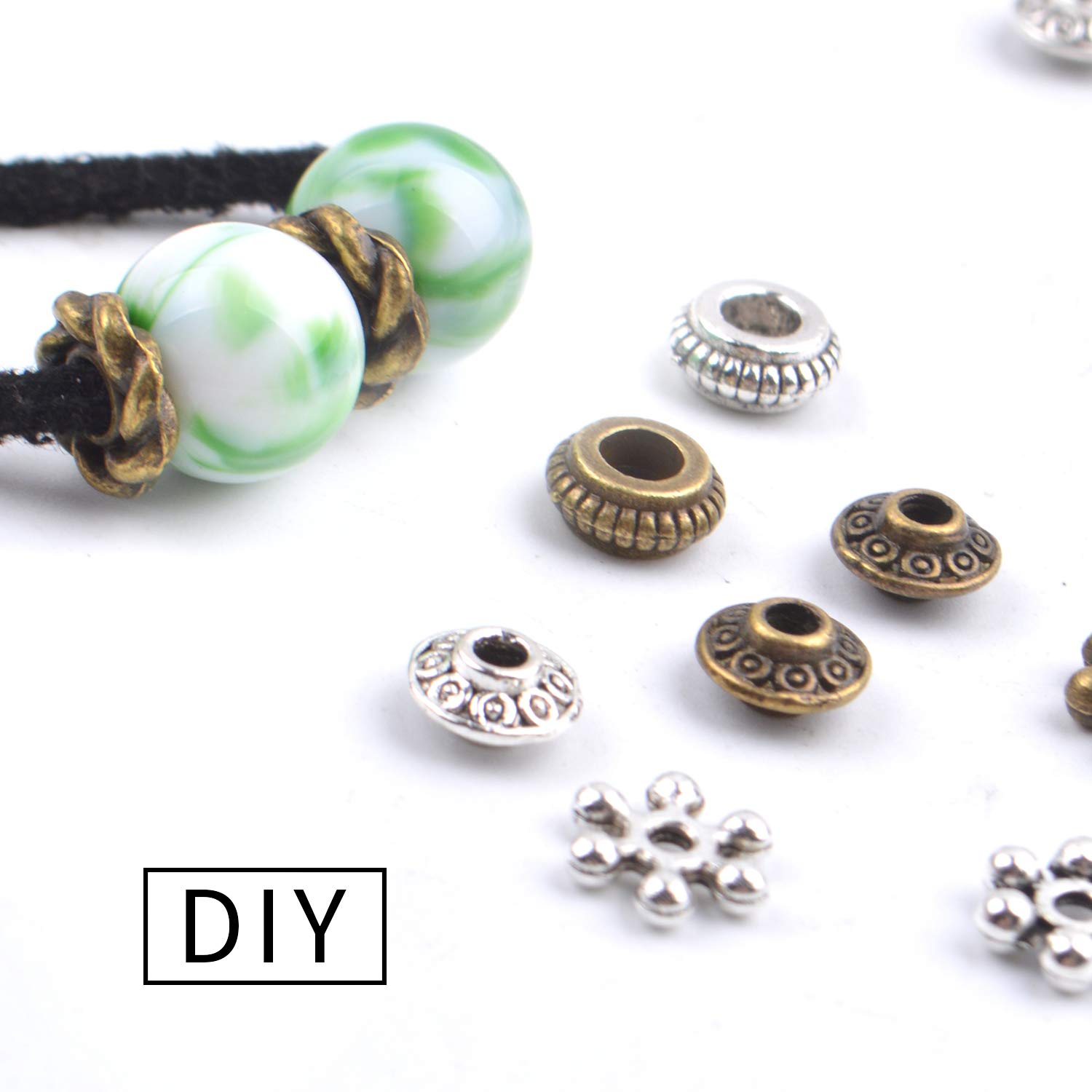 300pcs Tibetan Spacer Beads for Jewelry Making - Alloy Bead Charms in 6 Styles (Antique Silver & Bronze) - Perfect for DIY Bracelets, Necklaces & Boho Jewelry Designs
