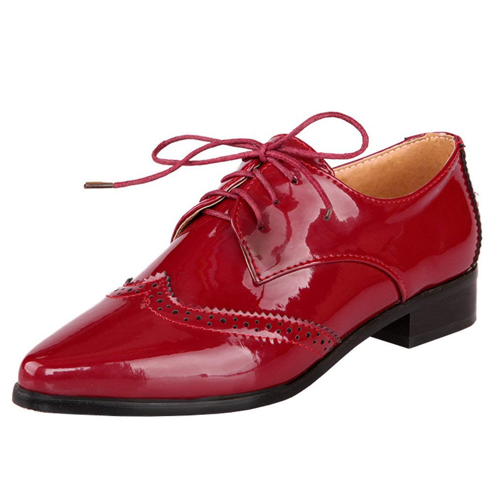 KOKOMOMO Women's Wingtip Patent Leather Oxford Shoes - Vintage Brogue Low Heel Pointed Toe Flats for Work, Office & Casual Outfits