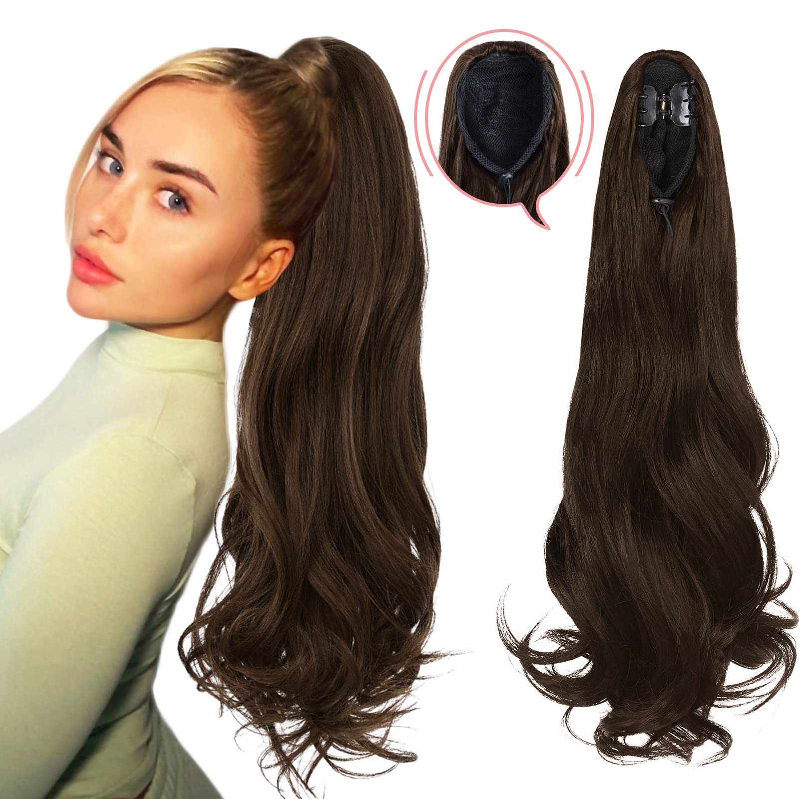 20 Inch Long Curly Wavy Ponytail Hair Extensions with Claw Clip - Ash Brown Highlights Synthetic Hairpiece for Black Women & Girls | Perfect for Parties, Weddings & Everyday Styling (5.82OZ)