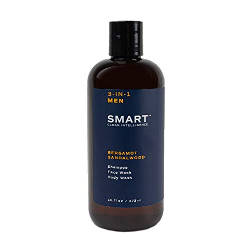 SMART Clean Intelligence Men's 3-in-1 Bergamot Sandalwood Body Wash, Shampoo & Conditioner - Hydrating Face & Hair Cleanser for Daily Use - Perfect for Gym, Travel & Quick Showers