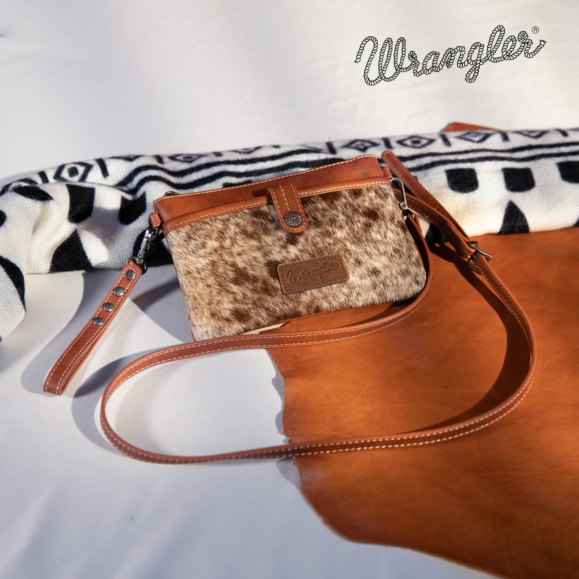 Wrangler Genuine Cowhide Western Crossbody Bag for Women - Stylish Clutch & Wristlet Purse - Perfect for Rodeo, Country Music Festivals & Everyday Use