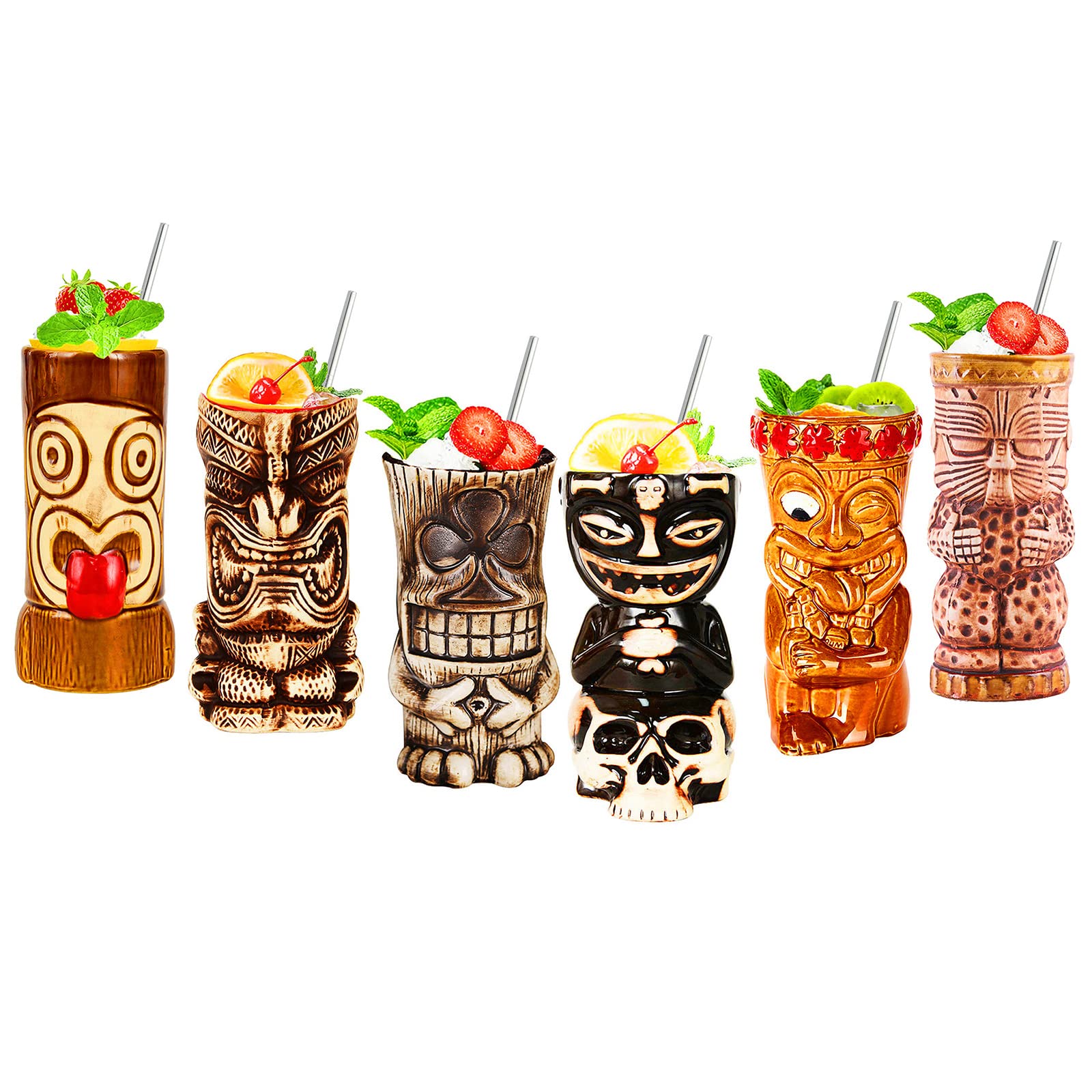 Premium 6-Piece Tiki Mug Set - Tropical Cocktail Glasses for Exotic Drinks | Hawaiian Party Bar Accessories for Luau, Themed Events & Home Decor
