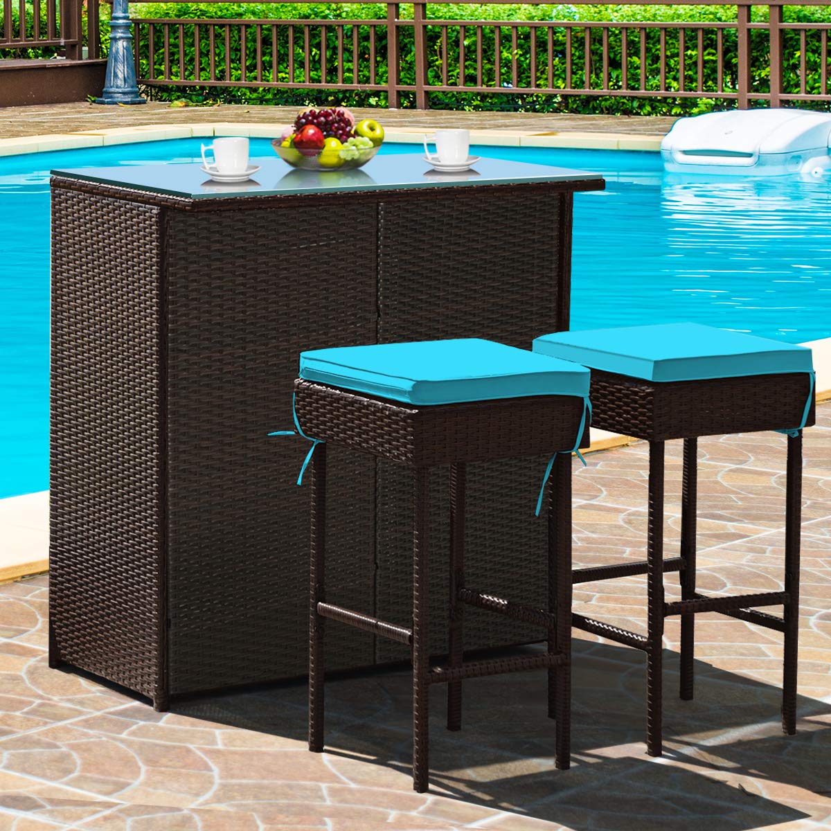 **Tangkula 3-Piece Outdoor Patio Bar Set - Rattan Wicker Bistro Set with 2 Cushioned Stools & Glass Top Table, Turquoise - Perfect for Backyards, Gardens, Poolside & Outdoor Entertaining**
