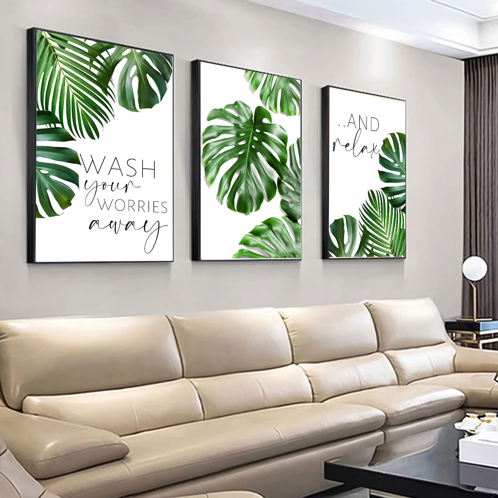 Set of 3 Monstera Tropical Leaf Wall Art Prints - 16x24 Inch Green Botanical Plant Posters, Nordic Style Canvas Decor for Living Room, Bedroom & Office - Modern Unframed Home Decor (Botanical Theme)