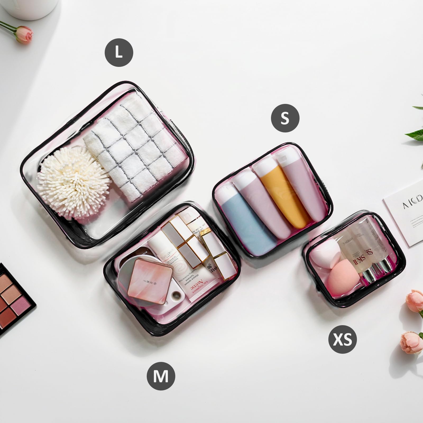 4 Pack TSA Approved Clear Travel Toiletry Bags - Leakproof Cosmetic & Makeup Organizer Pouch Set in 4 Sizes (Black) - Perfect Carry-on Essentials for Men & Women | Ideal for Air Travel, Gym, Camping & Weekend Getaways