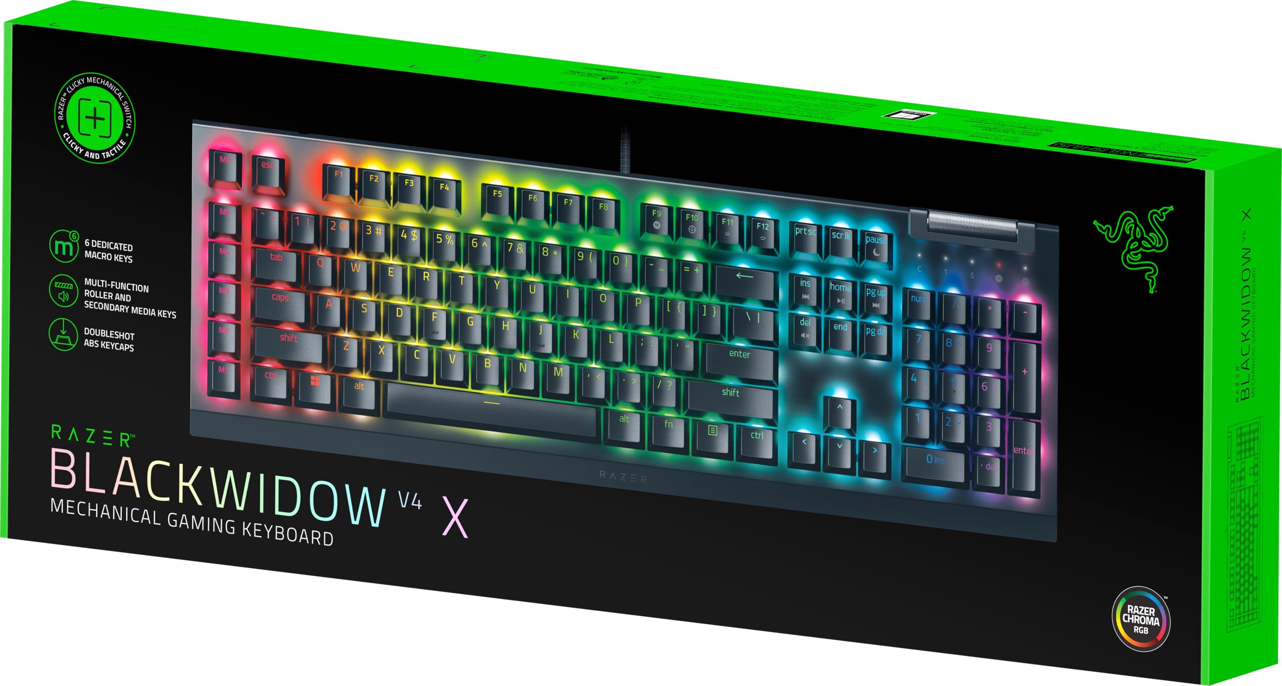 Razer BlackWidow V4 X Mechanical Gaming Keyboard - Green Switch (Clicky) with Chroma RGB Backlighting | 6 Dedicated Macro Keys, Doubleshot ABS Keycaps | UK Layout | Perfect for Competitive Gaming & Esports Tournaments