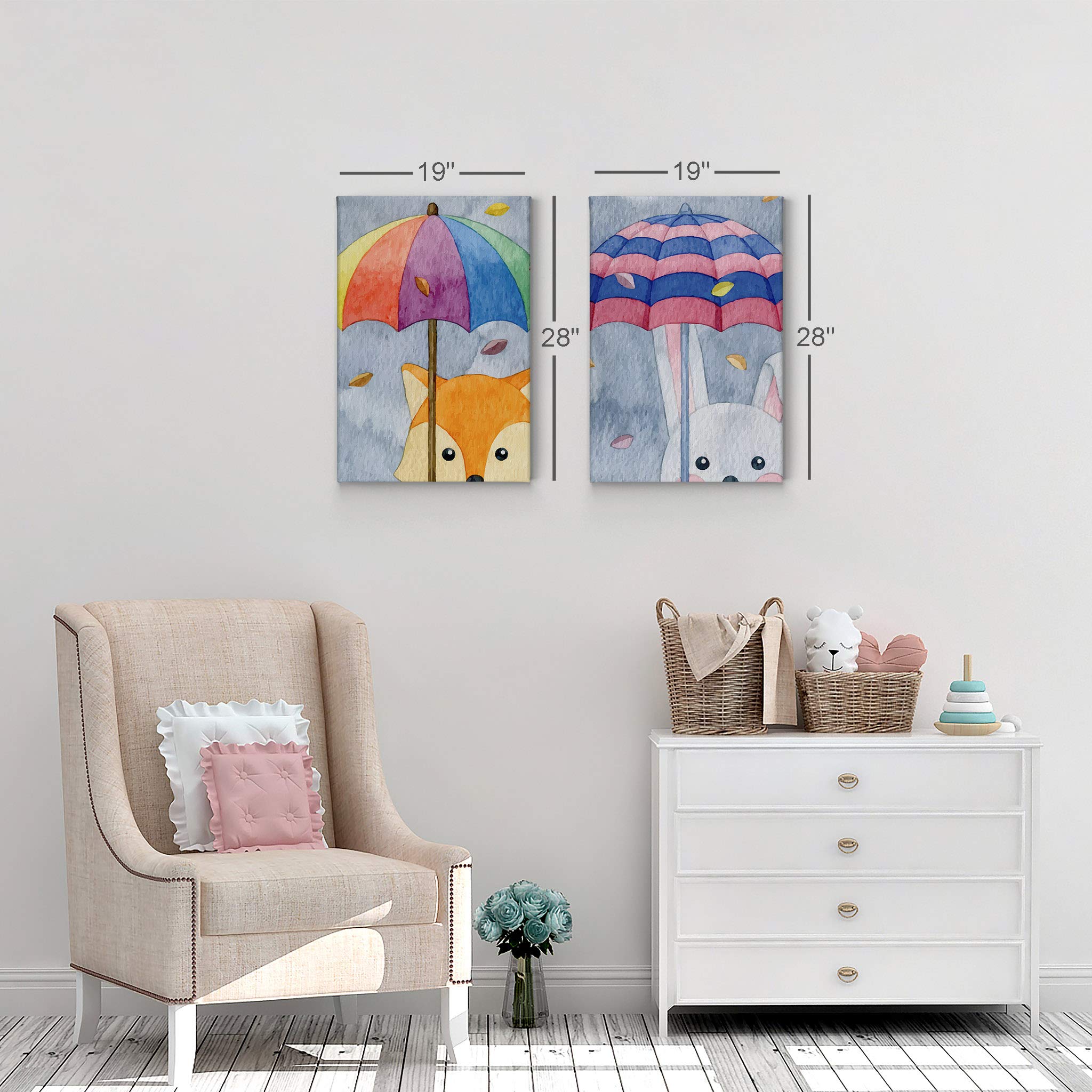 2-Piece Cute Fox & Rabbit Umbrella Painting Canvas Print Set - Autumn Gray Background - Kids Room Wall Art Decor for Baby Boy & Girl - Ready to Hang - Made in USA (22x15 inches) - Perfect for Nursery, Bedroom, Playroom & Gift Giving