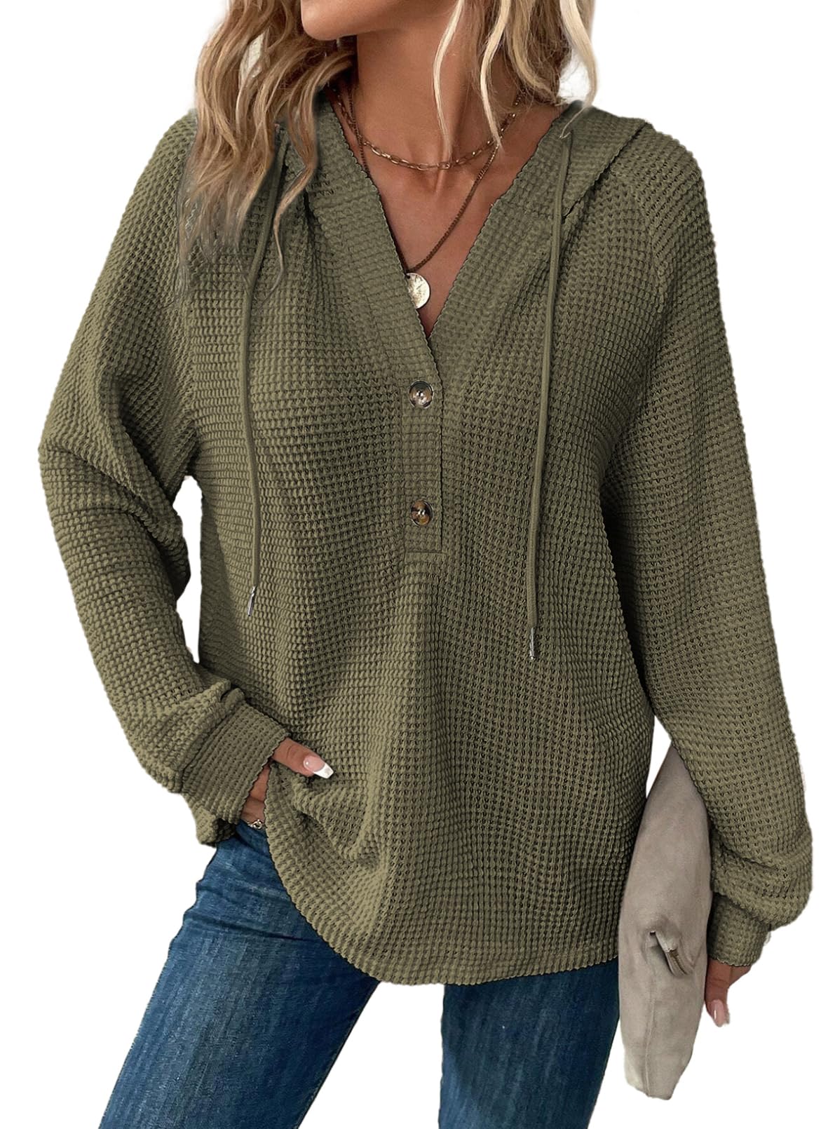 Dokotoo Women's Waffle Knit Hoodie - Long Sleeve Button V-Neck Pullover Sweatshirt with Drawstring | Casual Loungewear for Fall & Winter | Perfect for Coffee Dates, Errands, and Cozy Evenings