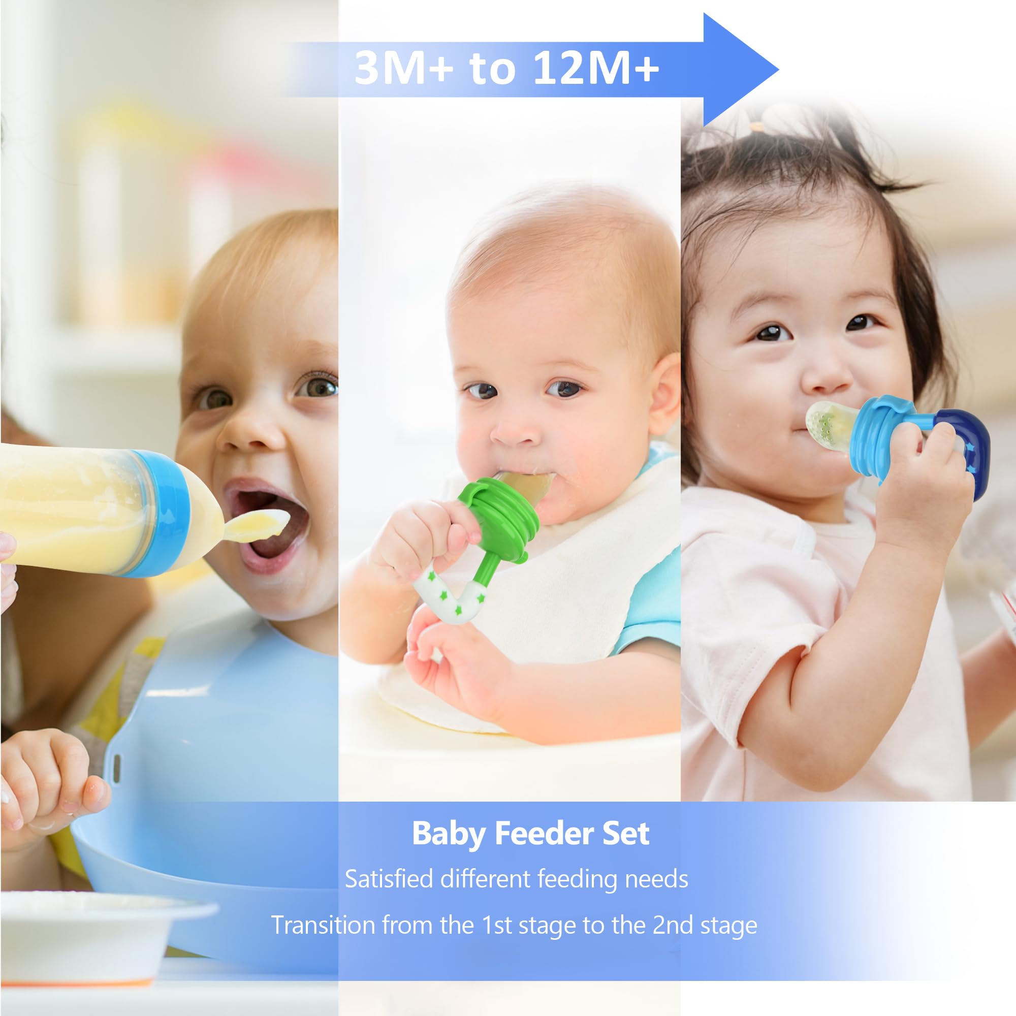 WAJIAYON Baby Fruit Feeder Pacifier - 5 Pack | 2 Silicone Baby Fruit Feeders & 1 Food Dispensing Spoon | Fresh Fruit Teether for Infants | BPA-Free Mesh Feeder for Teething Relief (Blue & Green) | Perfect for On-the-Go Snacking & Soothing Sore Gums