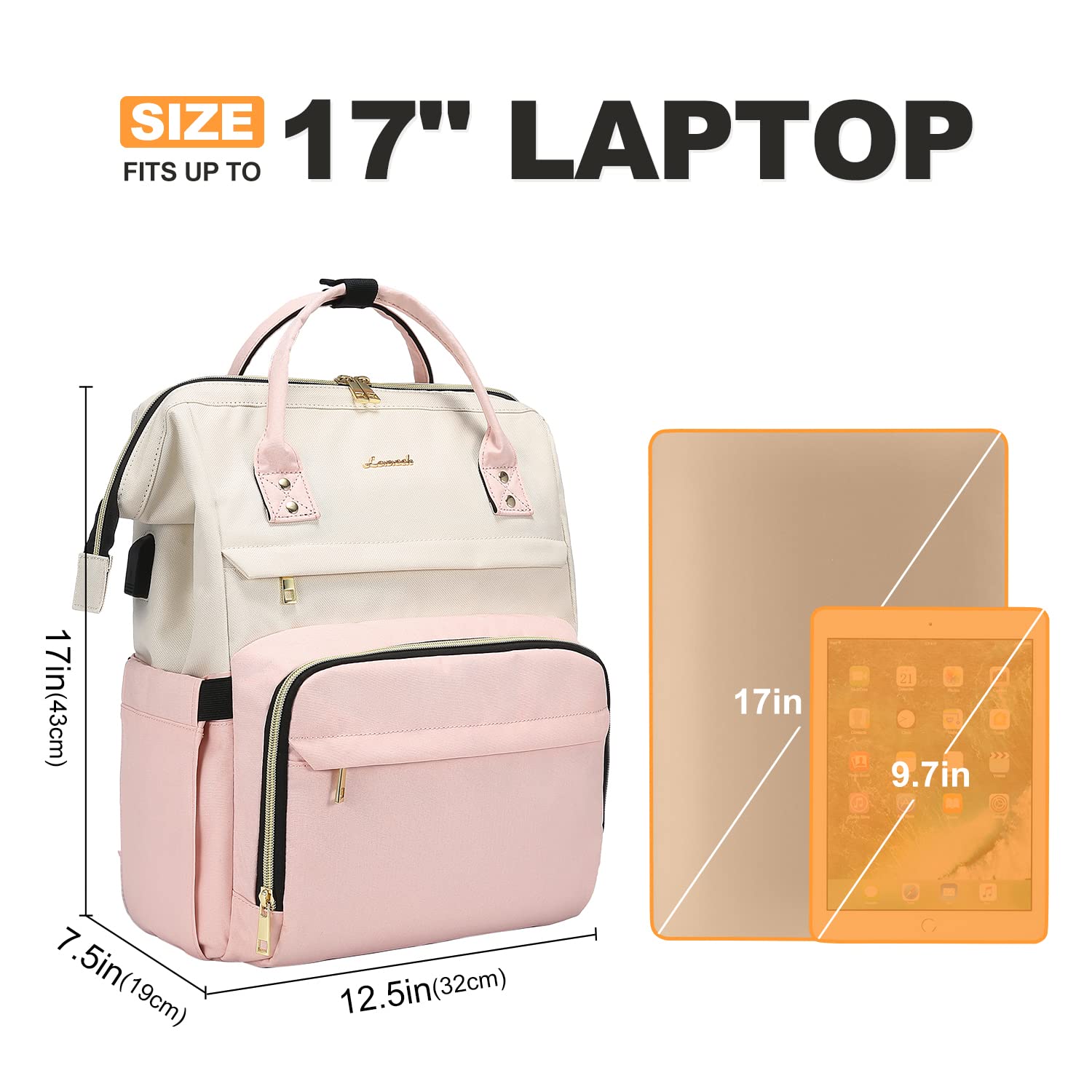 LOVEVOOK 17-inch Laptop Backpack for Women - Large Capacity Fashion Work Computer Bag, Travel & Business Backpack for Professionals, Nurse & Doctor Backpack (Beige-Pink) - Perfect for Office, School, Commuting & Travel