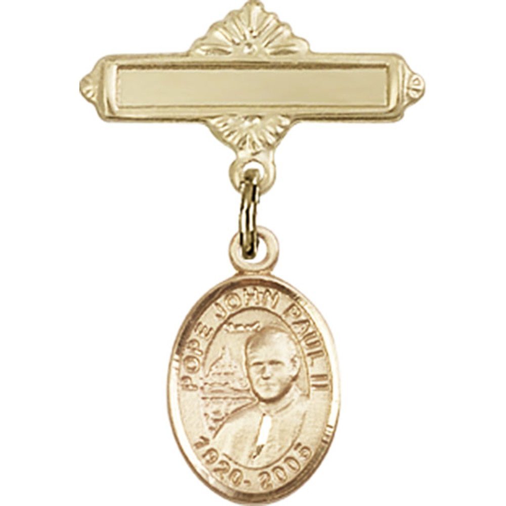 St. John Paul II Gold Filled Baby Badge Charm - 1 X 5/8 Inch Polished Religious Pin for Baptism, First Communion & Baby Gifts