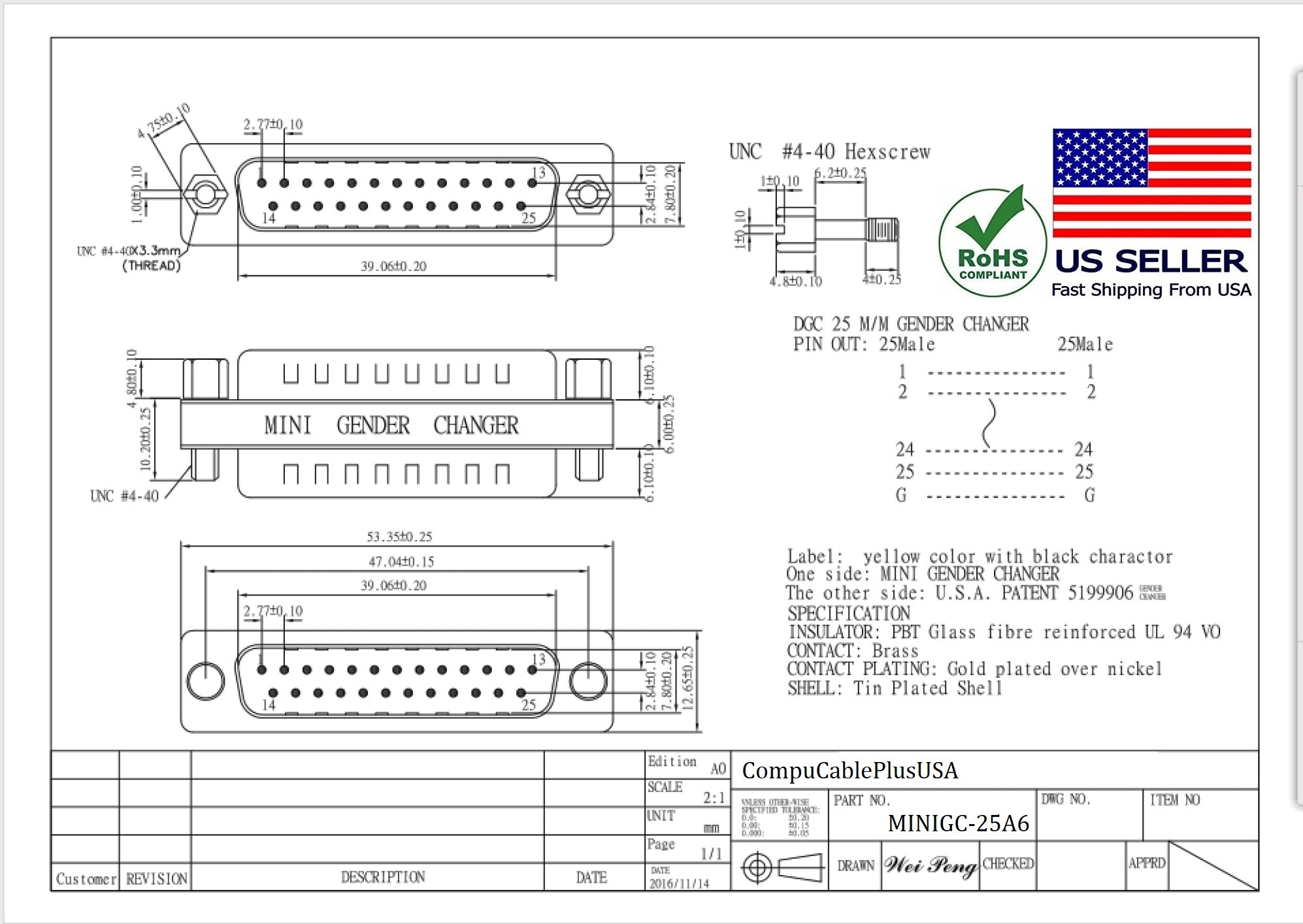 DB25 Male to Male D-Sub Serial Mini Gender Changer Coupler Adapter (6-Pack) - Perfect for Computer, Printer & Industrial Equipment Connections