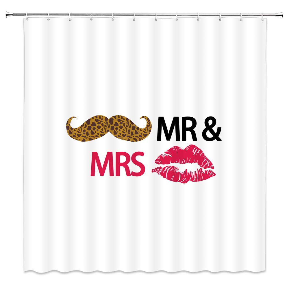 Funny Romantic Mr & Mrs Shower Curtain - Red & White Mustache & Lip Design with Love Quotes for Couples - Valentine's Day Gift for Him & Her - Waterproof Bathroom Decor with Hooks - Perfect for Anniversary, Wedding, or Romantic Bathroom Theme