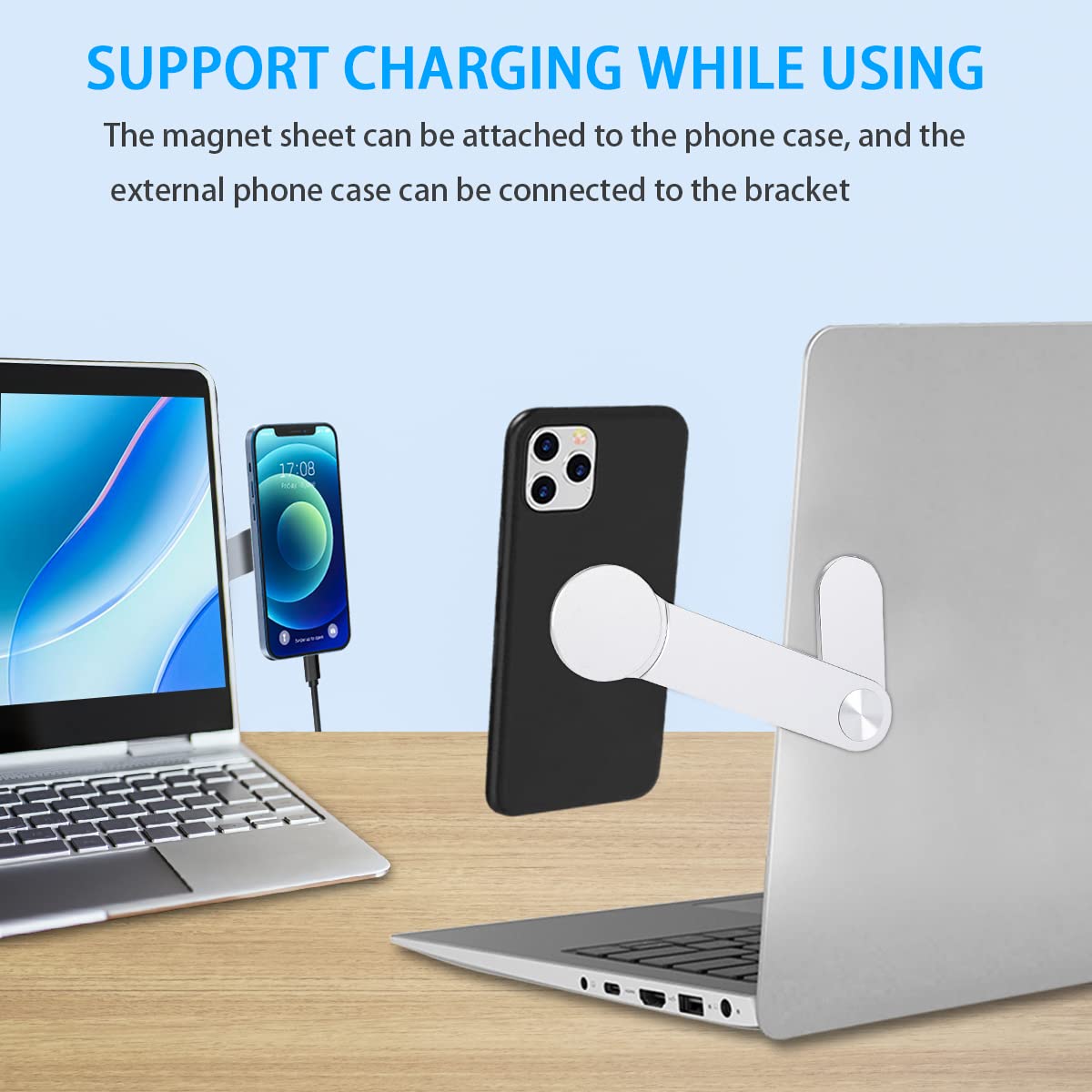 Grathia 2 Pack Magnetic Phone Holder for Laptop - Adjustable Foldable Cell Phone Stand, Portable Mobile Phone Mount with Side Clip - Perfect for Work, Study, Video Calls & Multi-Tasking (Silver + Grey)