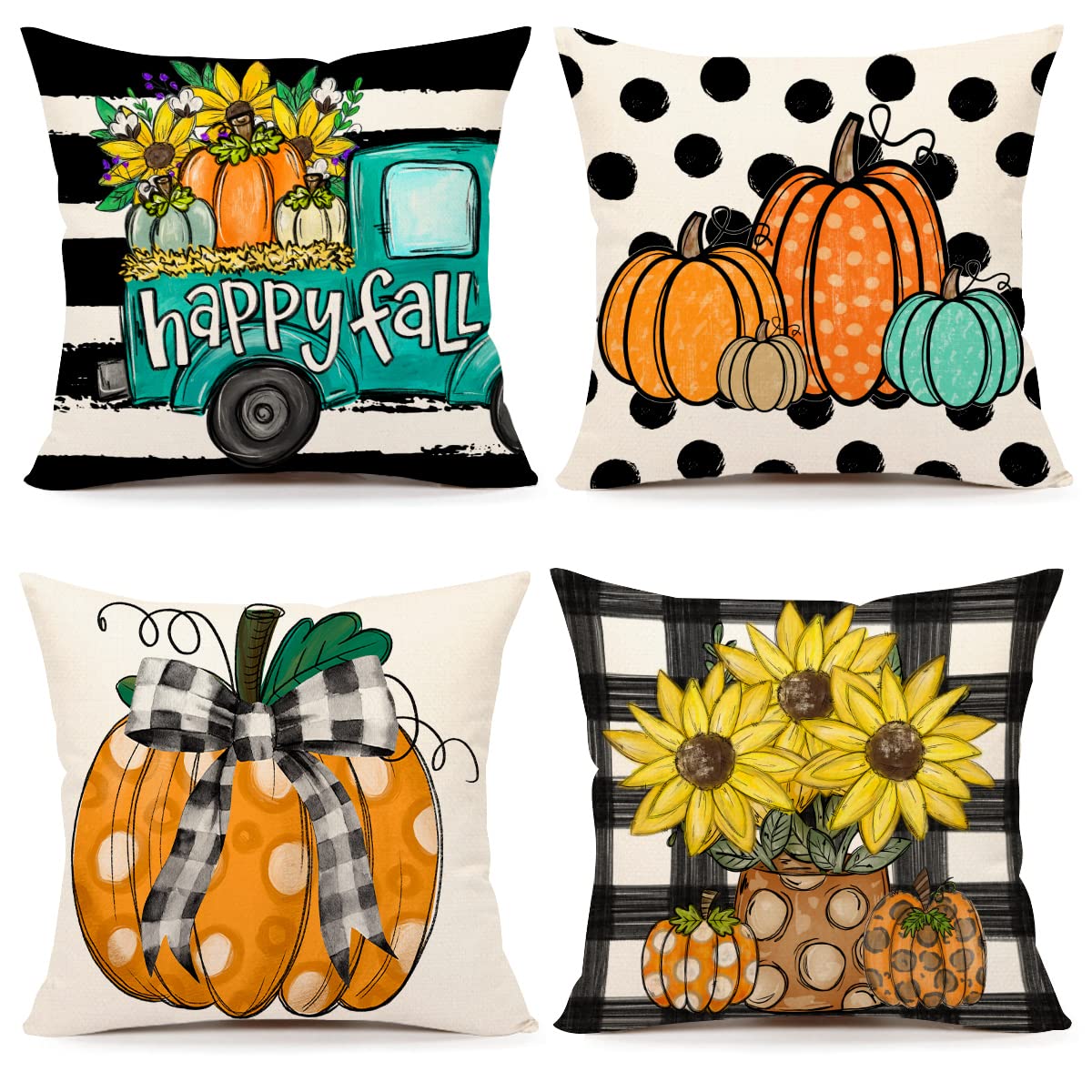 18x18 Fall Decor Pillow Covers Set of 4 - Pumpkin Farmhouse, Polka Dot, Buffalo Check & Sunflower Striped Designs for Thanksgiving Home Decor | Cozy Seasonal Throw Pillow Cases for Sofa, Living Room & Porch