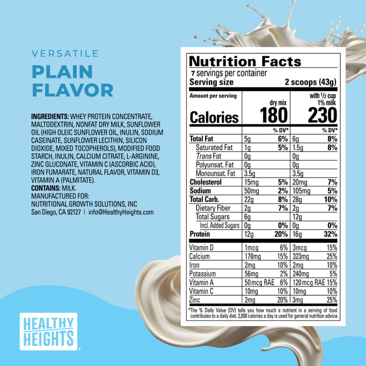 Healthy Heights Grow Daily Kids Protein Drink Mix (Plain) - High Protein Shake for Children Ages 3+ | Supports Growth & Development | Perfect for Breakfast, Snacks & Active Lifestyles