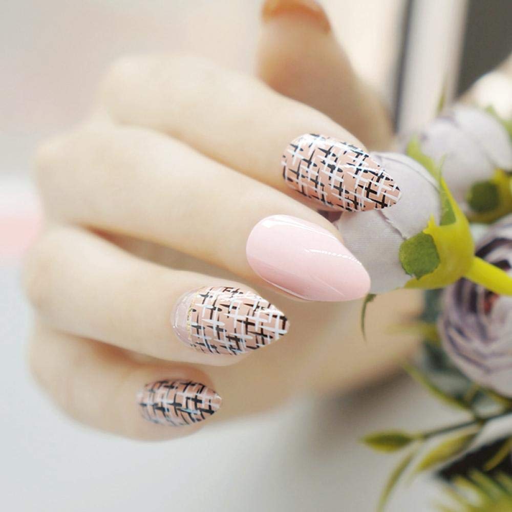 Elegant Short High Heel False Nails - Light Pink Acrylic Fake Nails with Khaki Mesh Design | Full Coverage Nail Tips for Manicure | Perfect for Parties, Weddings & Daily Wear