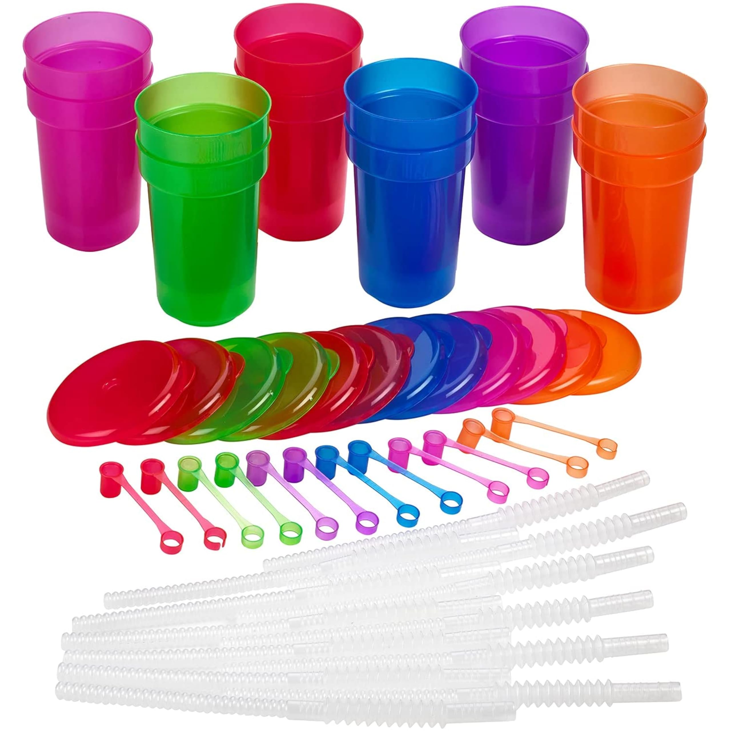 Kicko Neon Sipper Cups - 12 Pack, 5.5 Inch 12 Oz Colorful Plastic Cups with Lids & Straws for Kids - Perfect for Birthday Parties, School Events, Poolside Drinks, and Summer Celebrations