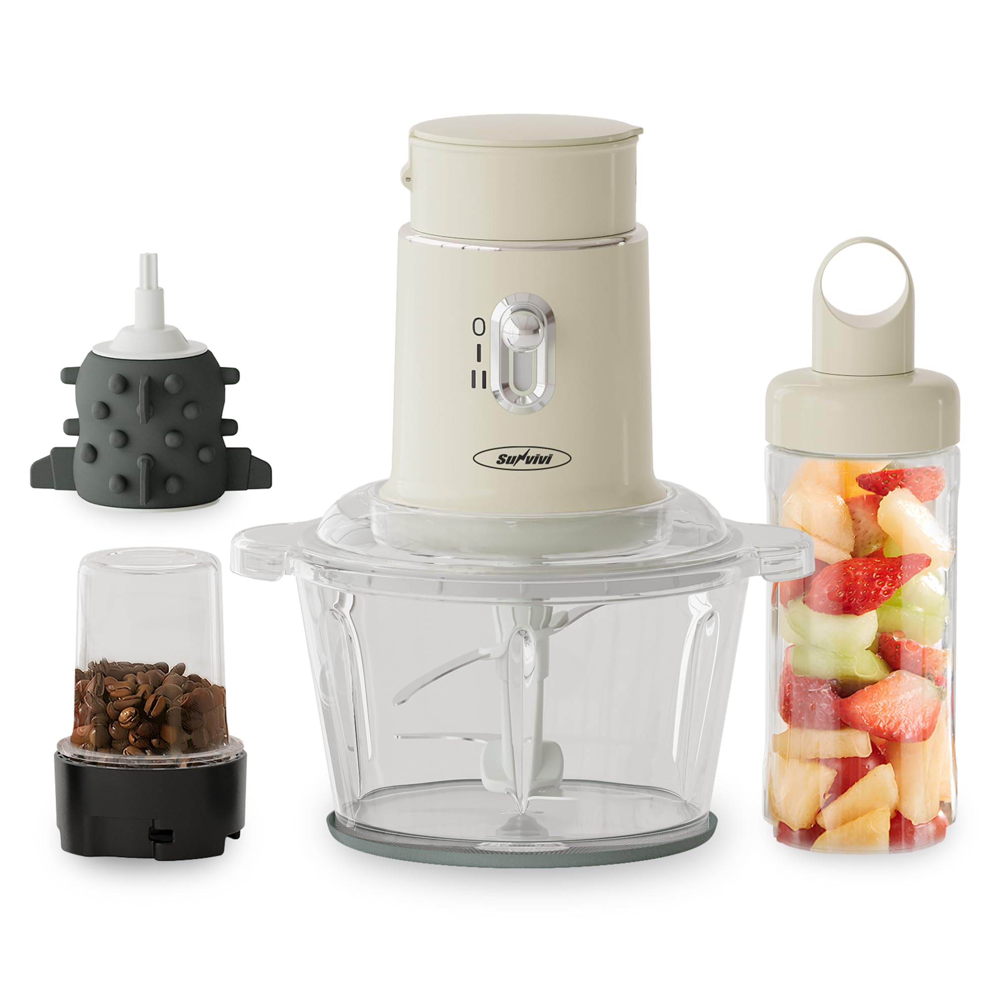 Sunvivi 4-in-1 Blender and Food Processor with 2 Speeds - 1.5L Glass Bowl & 2 Cups (0.4L+0.2L) for Grinding Meat, Peeling Garlic, Juicing - Perfect for Smoothies, Meal Prep & Kitchen Tasks (Beige)