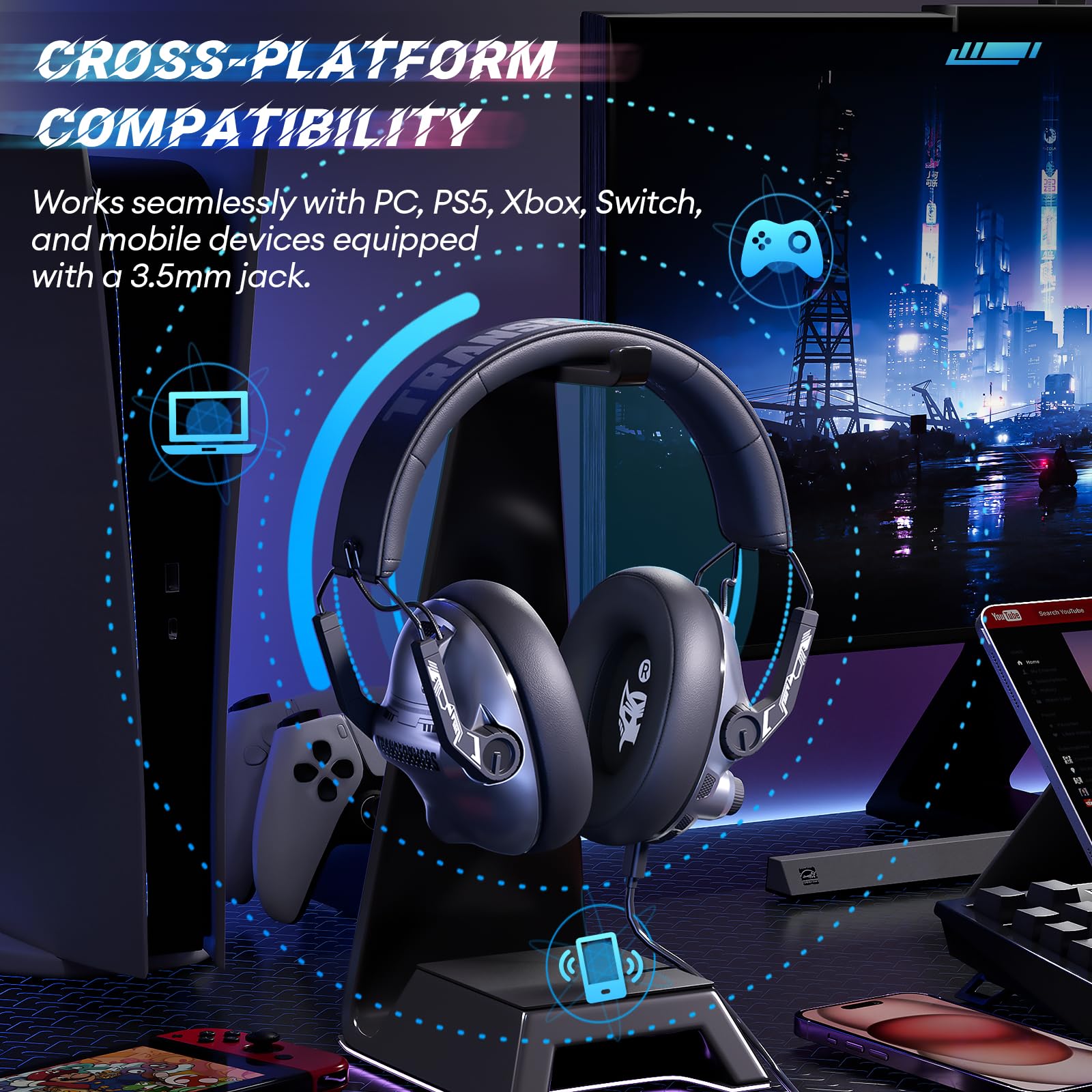 Transformers TF-G03 Wireless Gaming Headset with Retractable Mic - Bluetooth 5.4 Headphones with 40mm Drivers & Surround Sound, 100H Playtime for PC, PS4, PS5, Xbox, Switch (Grey) - Perfect for Competitive Gaming & Immersive Entertainment