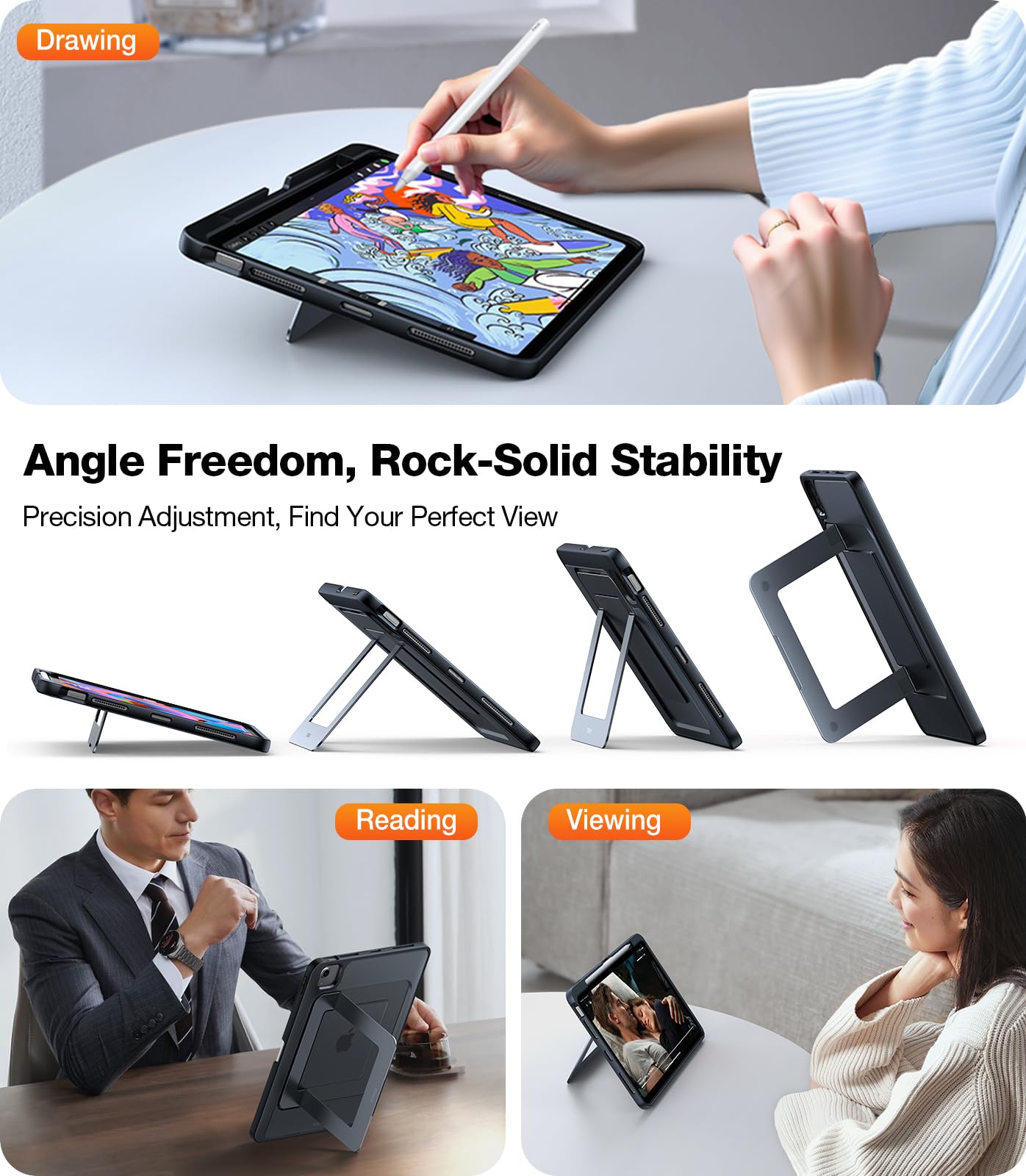 TORRAS iPad Air 11 inch Case (2025 M3/2024 M2 & 5th/4th Gen) - Ultra Stable Stand with Adjustable Viewing Angles, Protective Kickstand Cover with Apple Pencil Holder - Perfect for Work, Travel & Home Use - Black