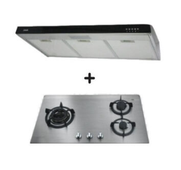 Ellane 60cm/90cm Slimline Range Hood with Black Glass Panel EH 9280 + Ellane OS 812SV 86cm 3-Burner Gas Cooktop - Modern Kitchen Ventilation System for Home Cooking