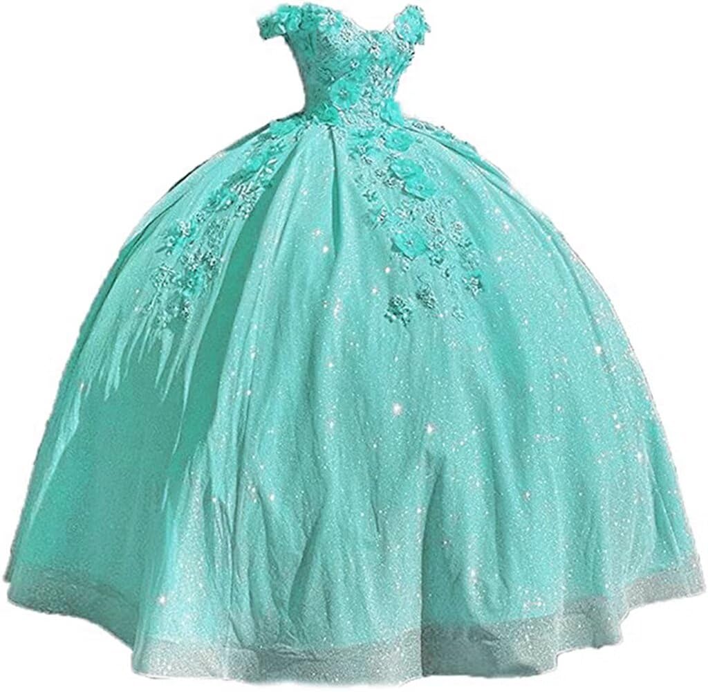 Elegant Long Prom Dress Off The Shoulder Quinceañera Ball Gown with 3D Handmade Flowers - Perfect for Sweet 16, Quinceañera & Formal Events