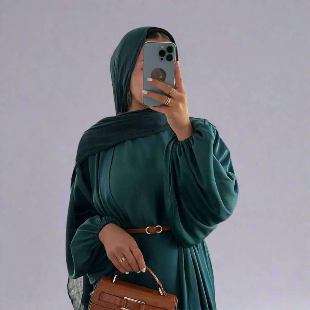 2 Piece Set Satin Muslim Women's Open Abaya Dress with Inner Sleeveless Dress - Elegant Islamic Prayer Outfit for Mosque, Eid & Special Occasions