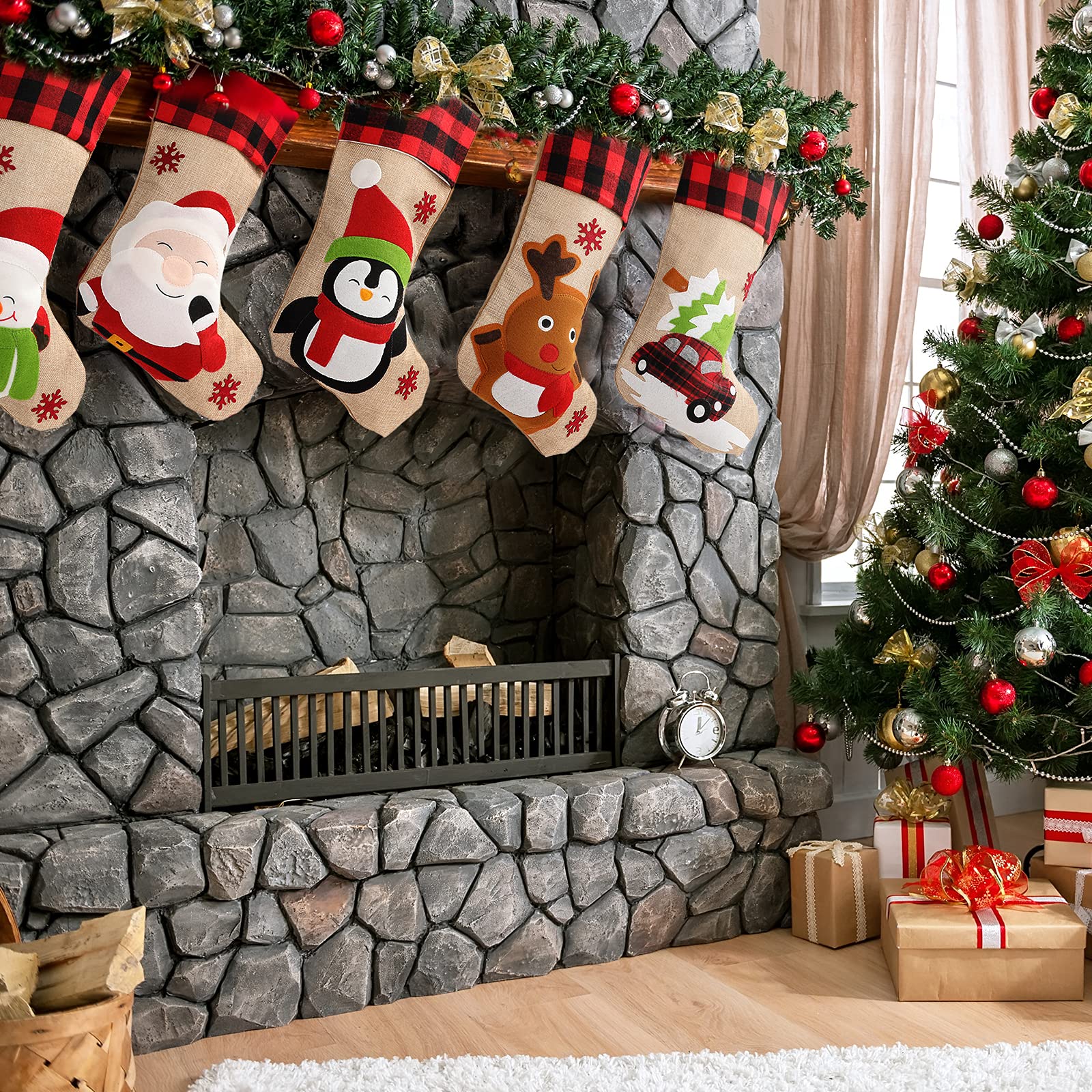 GoldFlower Christmas Stockings 5 Pack - 18 Inch Large Holiday Stockings with Santa, Snowman & Gnome Designs - Classic Buffalo Plaid Cuff - Perfect for Fireplace, Staircase & Christmas Tree Decorations - Festive Xmas Ornaments for Family & Home Decor