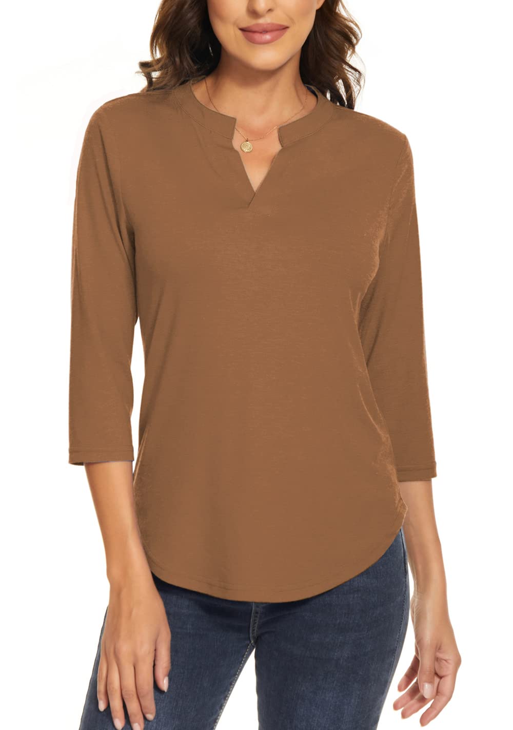 Women's 3/4 Sleeve V-Neck Collared Blouse - Professional Work Shirt Tops for Office, Business Casual & Everyday Wear