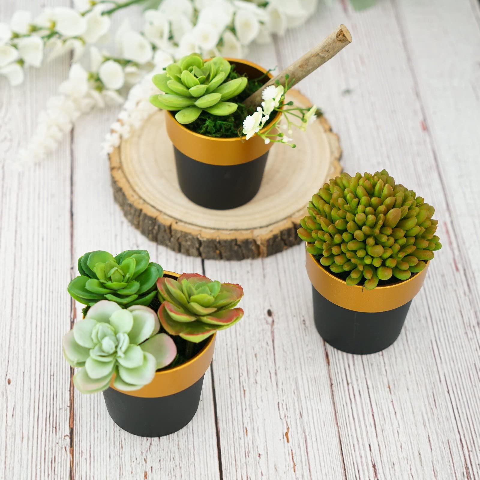 3-Inch Black Gold Metallic Round Plastic Flower Pots - Set of 3, Wedding Centerpieces, Home & Garden Decor, Perfect for Wedding Receptions, Table Decorations, and Indoor Plant Displays