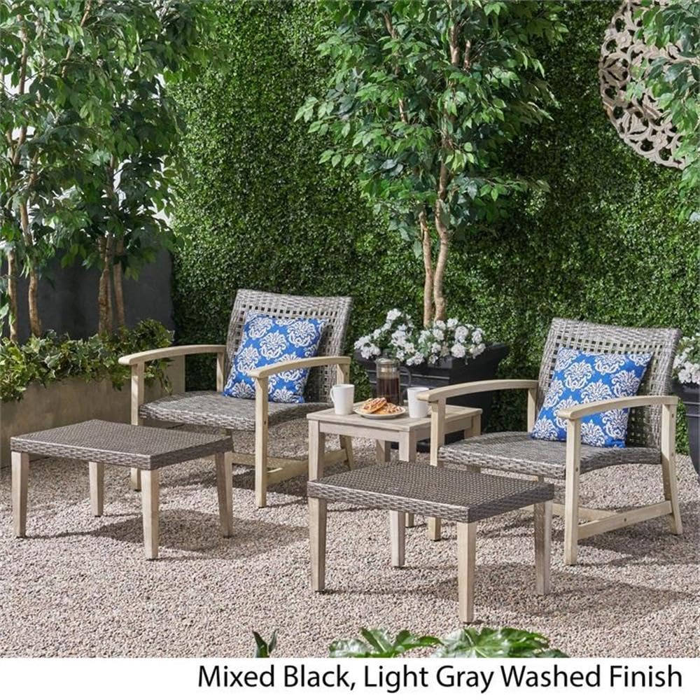 Noble House Breakwater Outdoor 5 Piece Wicker Chat Set with Fire Pit Black - Perfect for Patio, Garden, and Backyard Relaxation