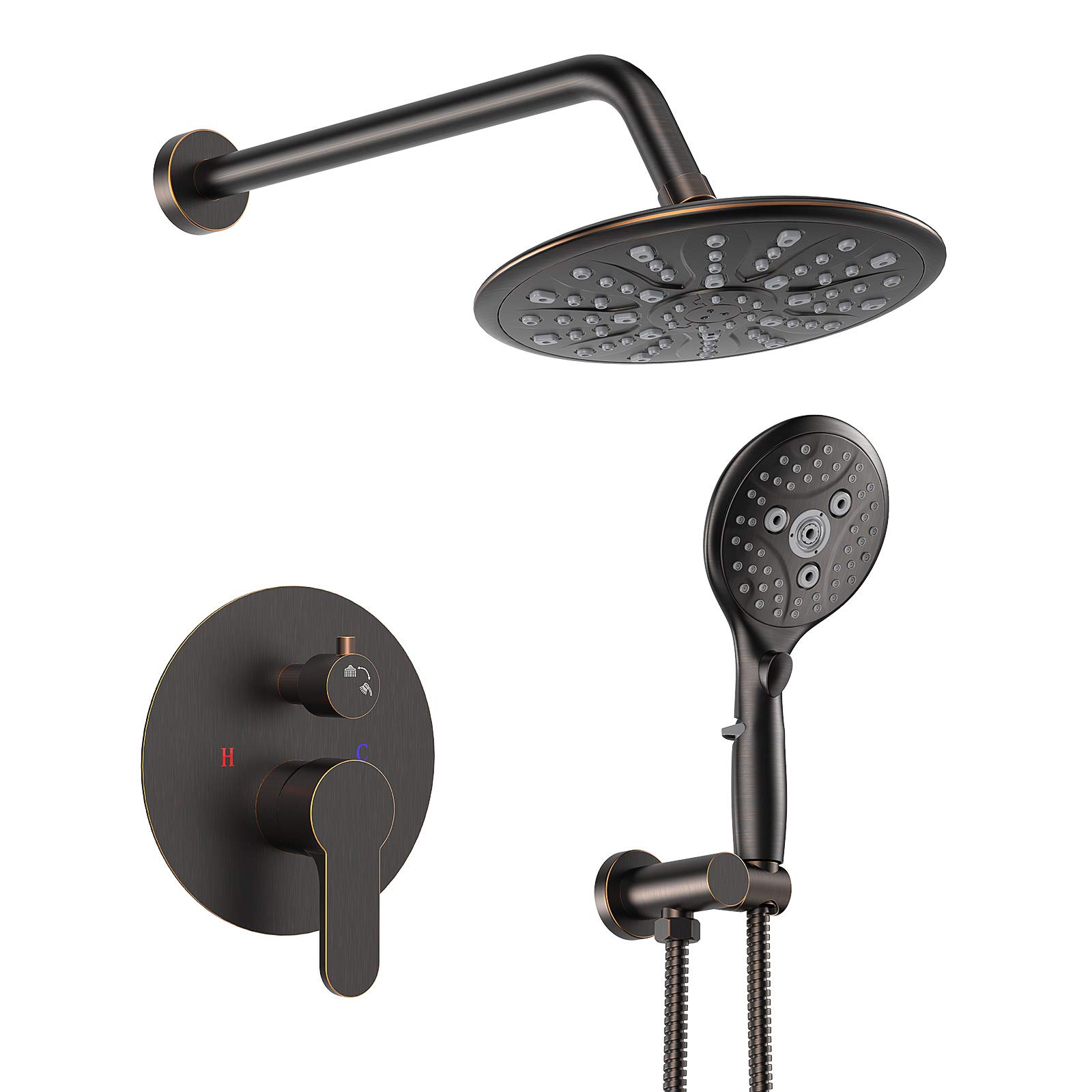 Oil Rubbed Bronze Shower System with Rain Shower Head & 7-Settings Handheld Spray - Complete Faucet Set with Rough-in Valve & Trim Kit - Perfect for Bathroom Renovation & Luxury Spa Experience