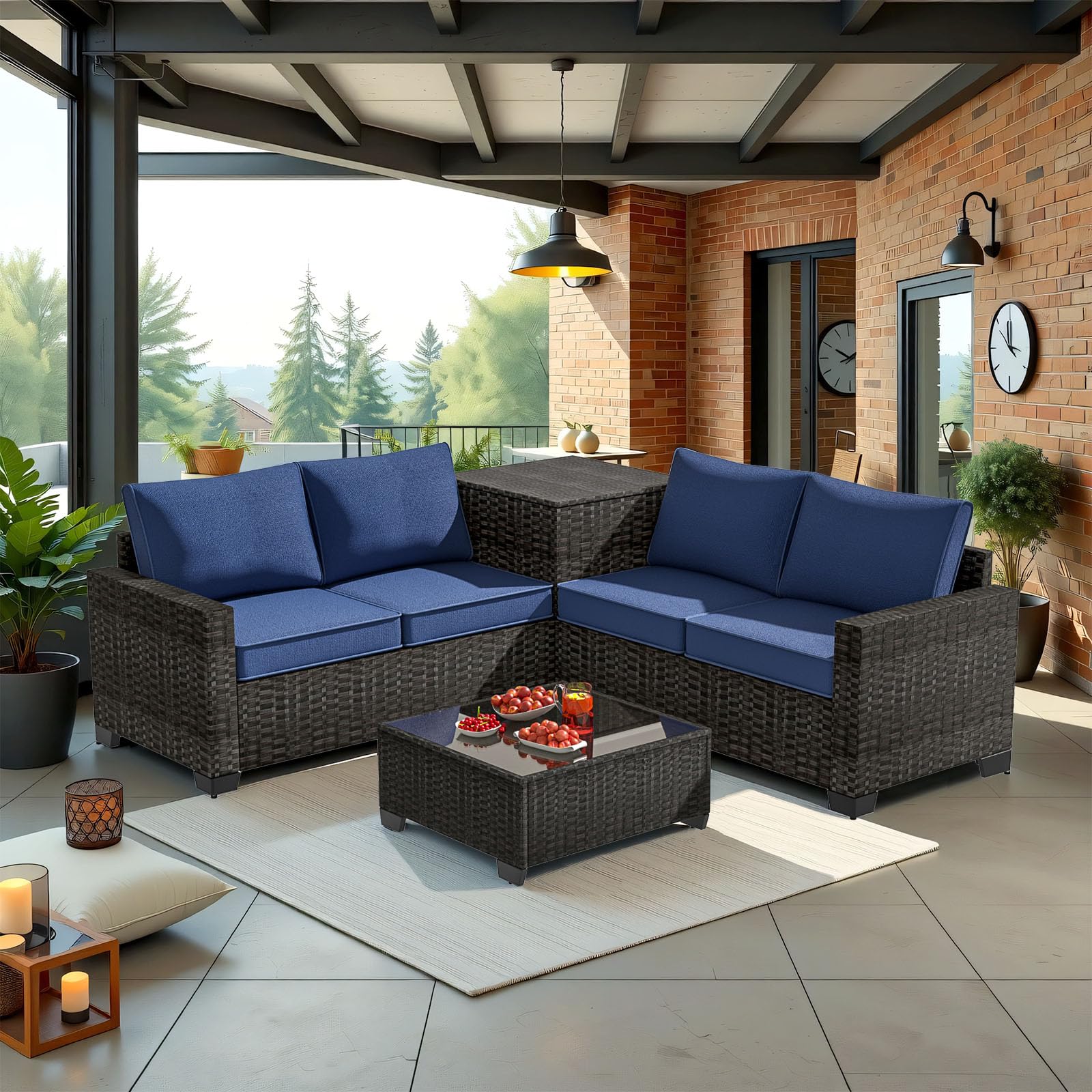 Outdoor PE Rattan 4-Piece Wicker Sectional Sofa Set with Storage Box & Glass Table - Patio Furniture for Garden, Poolside & Backyard Relaxation