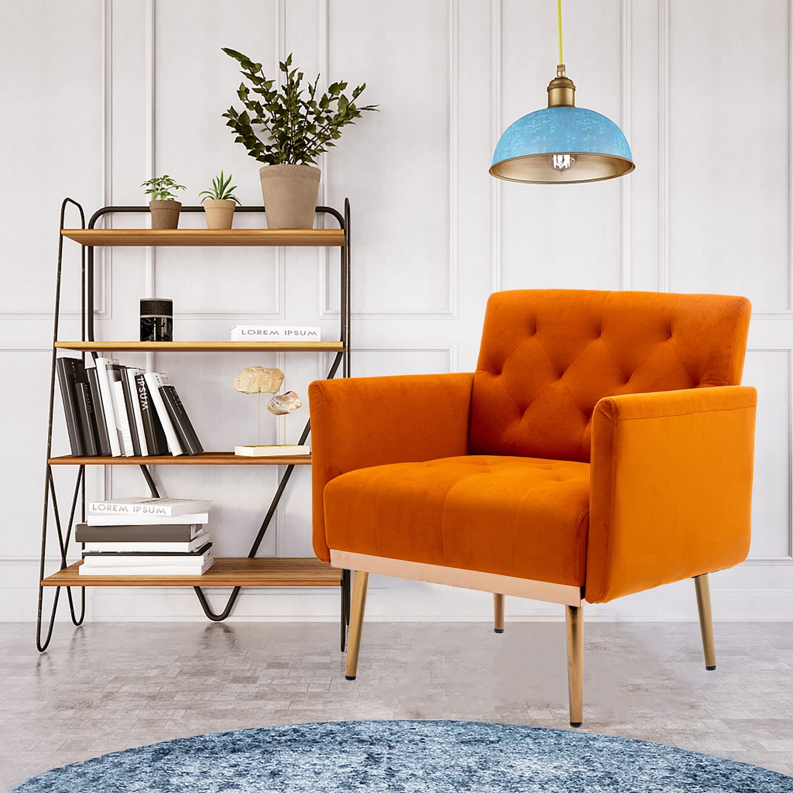 Modern Velvet Accent Chair with Gold Metal Feet - Comfortable Single Sofa Chair for Living Room, Bedroom, Office & Small Spaces - Perfect as TV Armrest Seat & Coffee Chair (Orange)