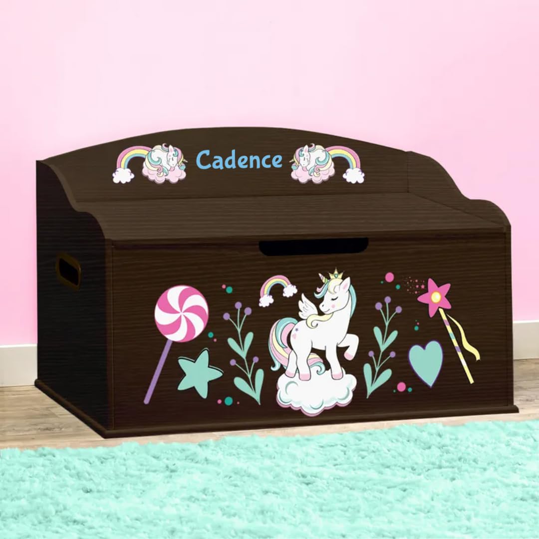DIBSIES Personalized Creative Wonders Toy Box - Unicorns & Rainbows Design in Espresso Finish | Kids Room Storage Organizer for Toys, Books & Art Supplies | Perfect for Bedrooms, Playrooms & Daycares