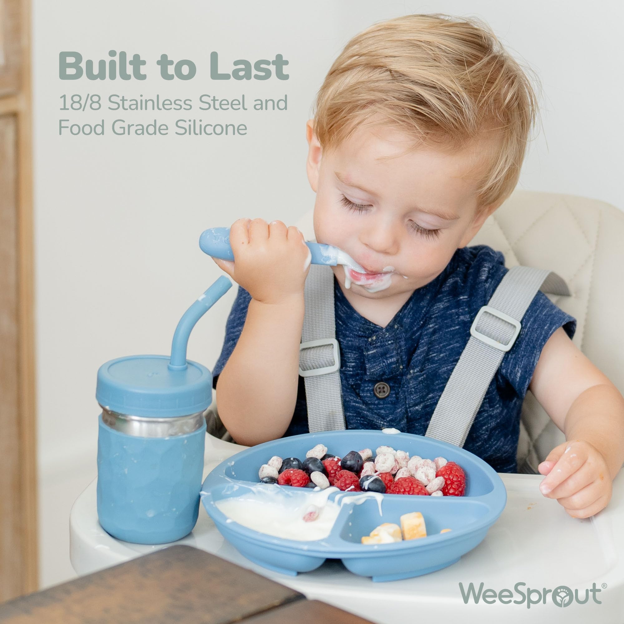 WeeSprout Toddler Utensil Set - 3 Forks & 3 Spoons with 18/8 Stainless Steel Heads & Food Grade Silicone Handles - Thick Easy-Grip Design for Self Feeding - Gentle on Gums & Teeth - Dishwasher Safe - Perfect for Babies Learning to Eat Independently at Home or Daycare
