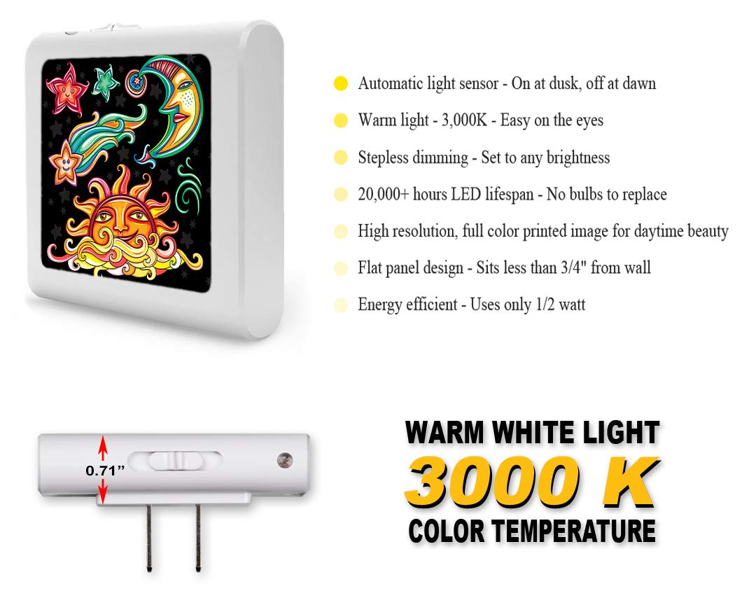 Dimmable LED Night Light with Auto On/Off Sensor, Adjustable Brightness & Warm White Light - Perfect for Bathroom, Hallway, Nursery & Bedroom - Cute Sun, Moon & Stars Design for Kids' Rooms & Cozy Spaces