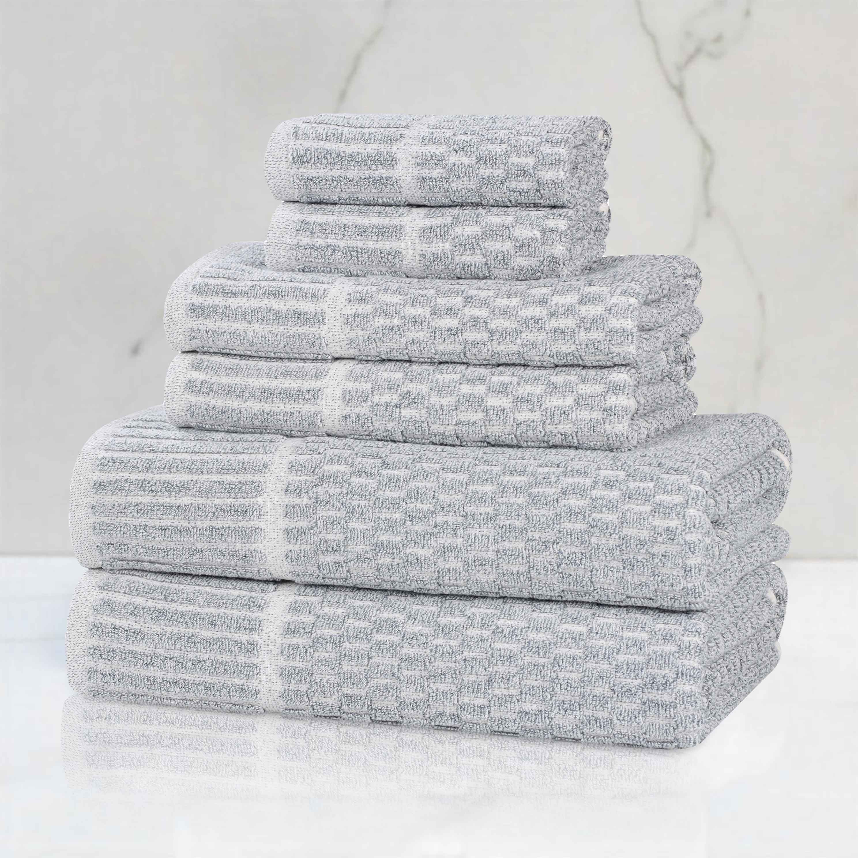 Premium 6-Piece Cotton Blend Checkered Border Towel Set - Medium Weight, Soft & Absorbent - Perfect for Bathroom, Kitchen & Guest Use