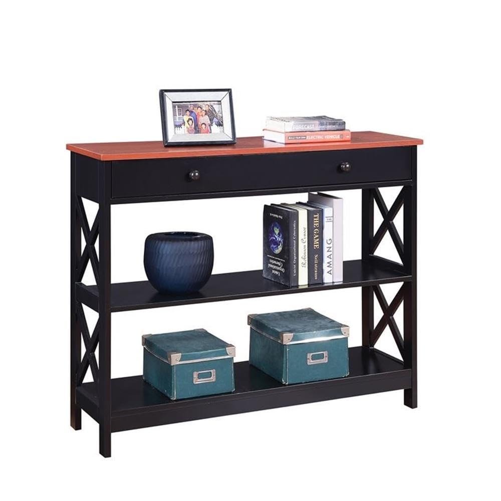 Pemberly Row Transitional One-Drawer Console Table - Cherry & Black Wood Entryway Table for Hallway, Living Room or Bedroom Decor