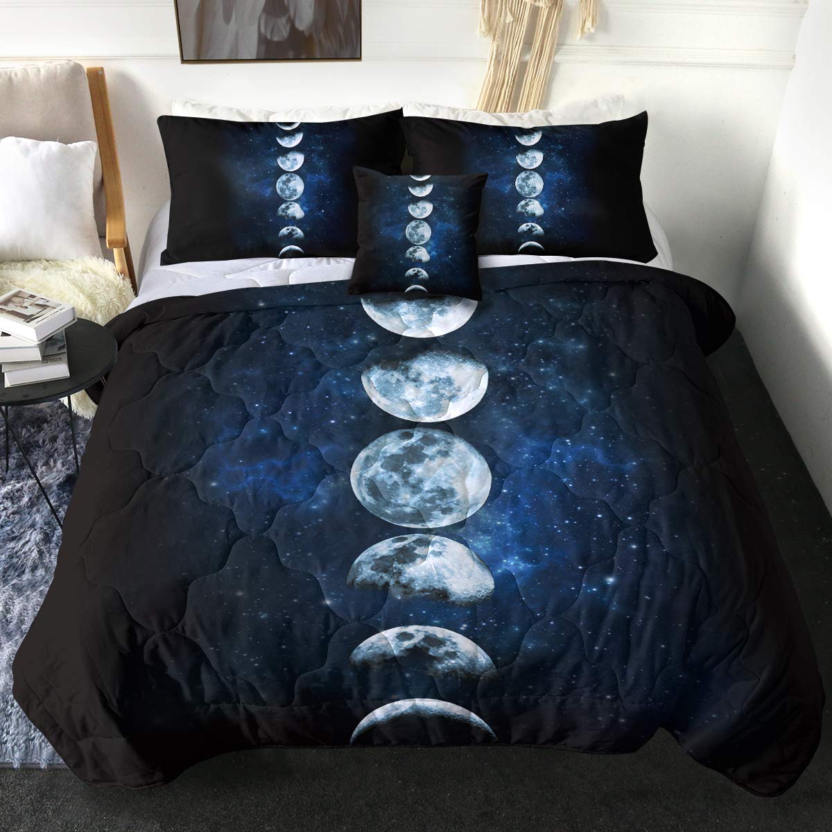 Sleepwish Dark Blue Celestial Reversible Comforter Set - Twin Size Space Universe Bedding with Lunar Eclipse & Galaxy Stars Design, Includes 2 Pillow Shams & 1 Cushion Cover | Perfect for Kids Room, Teen Bedroom & Astronomy Lovers Decor